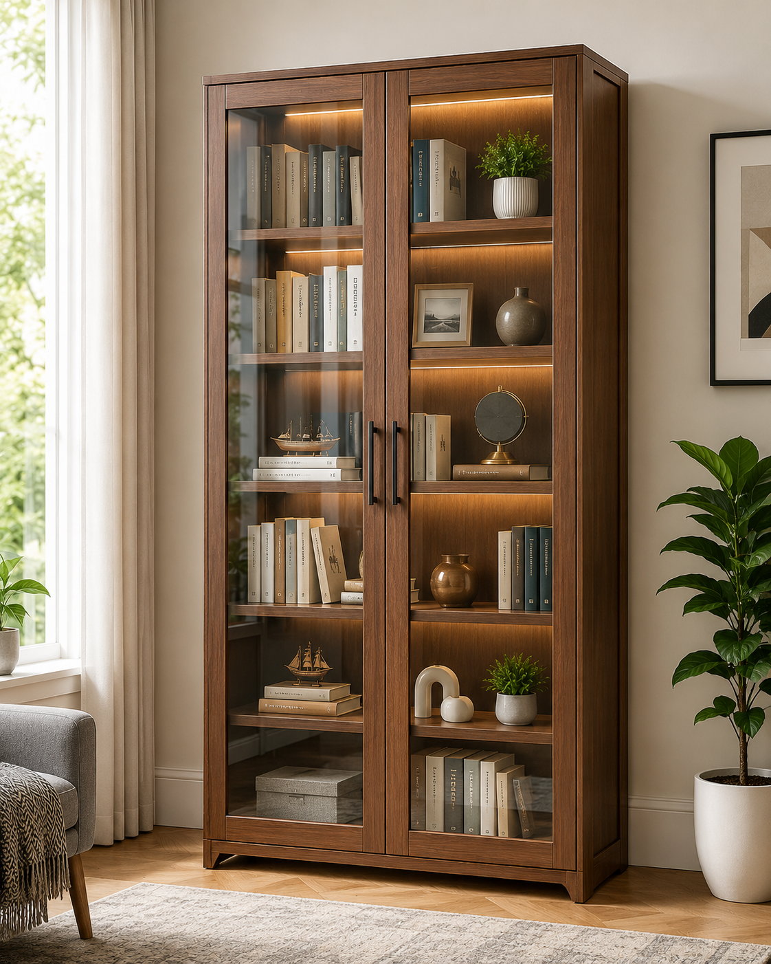 Modern wooden bookcase with full glass doors showcasing neatly organized books and decorative accents, perfect for stylish living room, home office, or library storage.