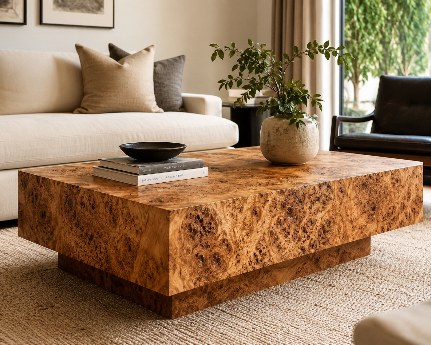 "Luxury burl wood coffee table with a rich natural wood grain finish in a modern living room, styled with contemporary décor, neutral furnishings, and warm natural lighting."