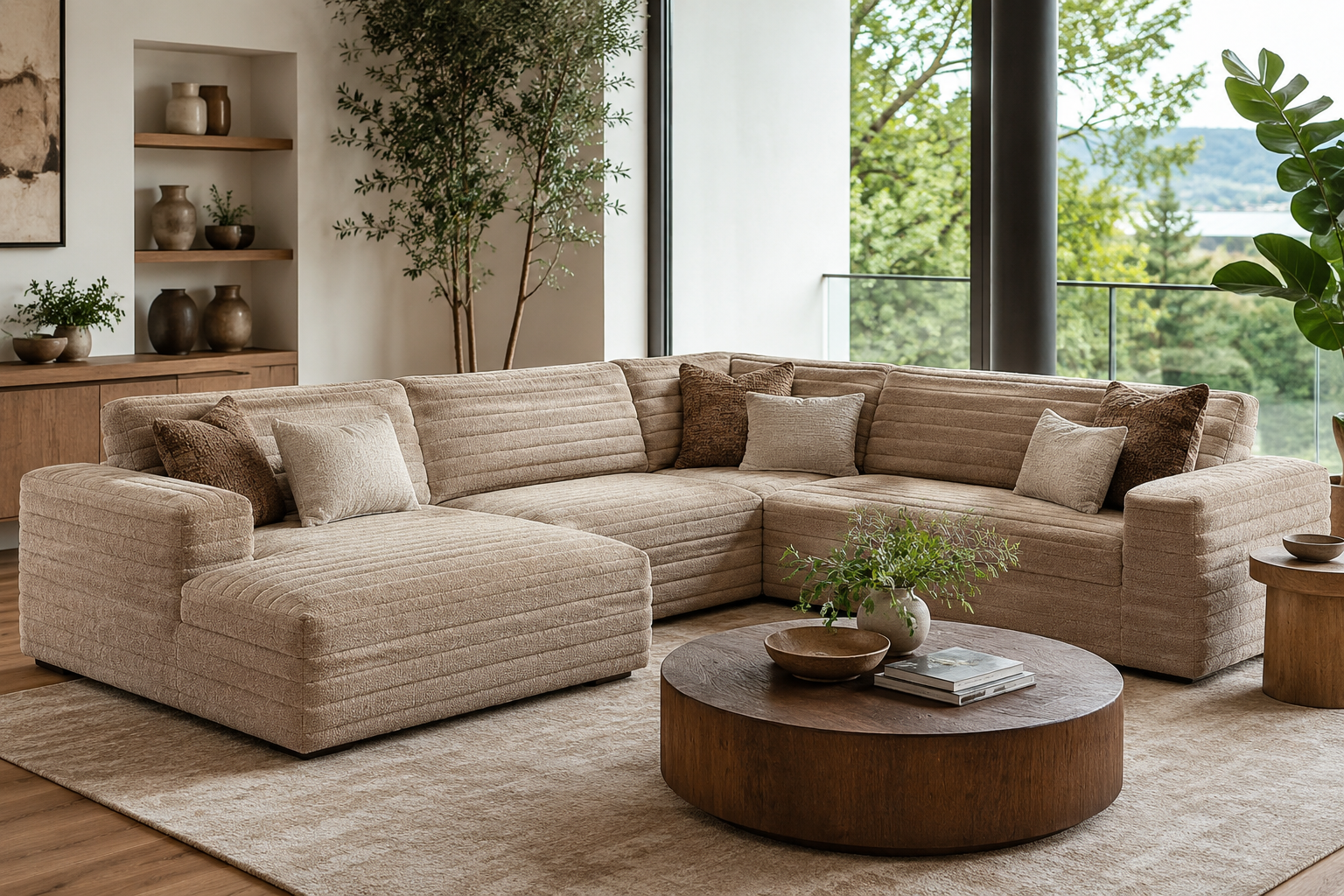 Modern fossil sectional sofa in a bright contemporary living room with soft beige upholstery, plush cushions, chaise lounge, wooden coffee table, and elegant home décor for stylish family seating.