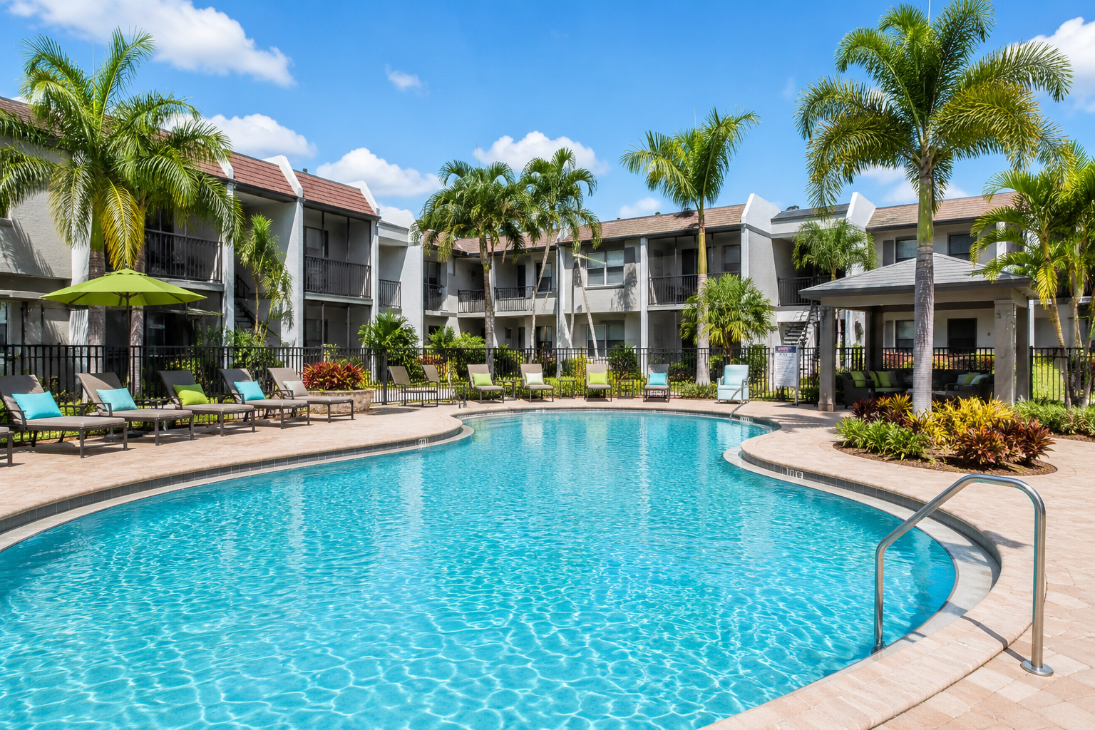 "Modern Pinecrest apartment community in Pinecrest, Florida featuring luxury rental apartments, a resort-style swimming pool, tropical landscaping, palm trees, and upscale outdoor amenities under a bright sunny sky."