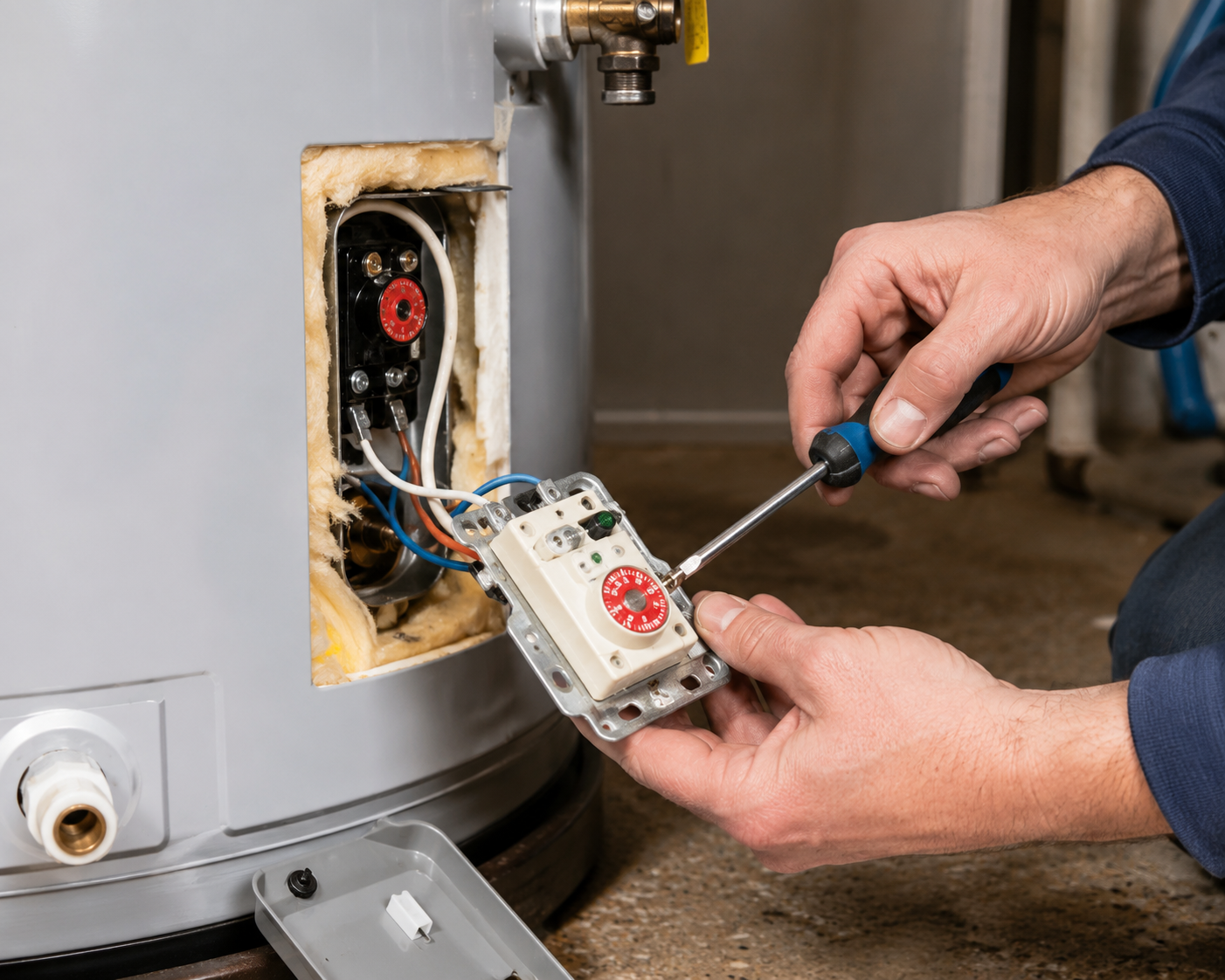 "Complete water heater thermostat replacement assembly with temperature adjustment dial, wiring terminals, and sensor probe beside an electric water heater for maintenance and repair."