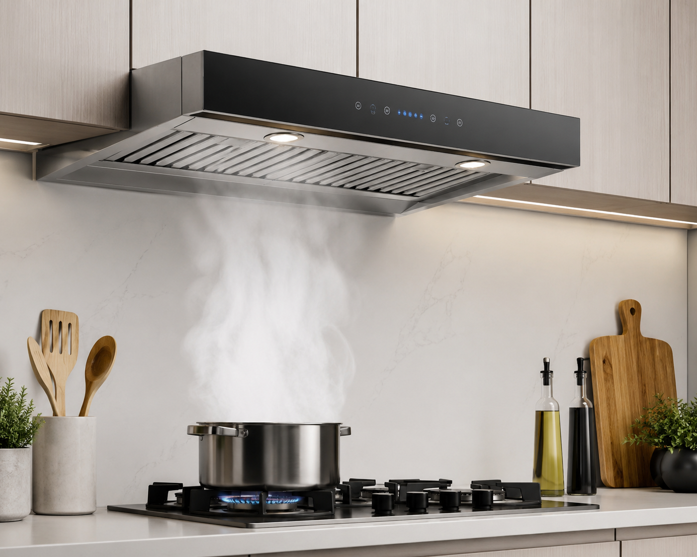 Modern ductless range hood installed above a gas cooktop in a contemporary kitchen, effectively filtering cooking smoke and odors with a sleek stainless steel and black design.