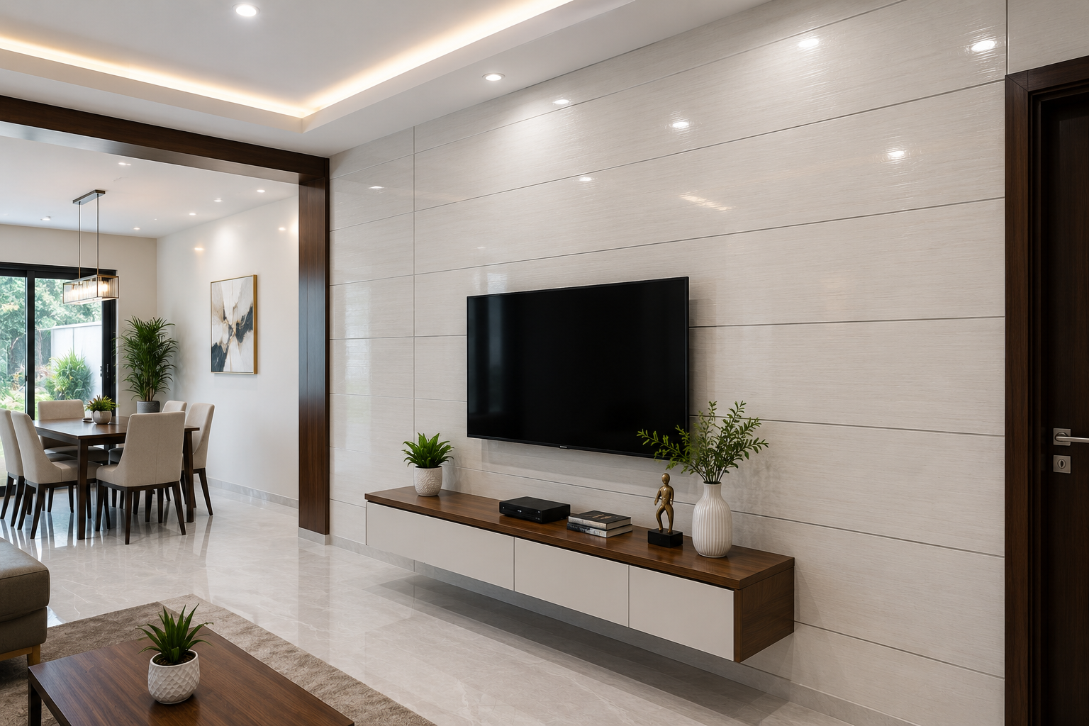 Modern home interior featuring durable FRP wall panels with a smooth, moisture-resistant finish, bright contemporary design, easy-to-clean surfaces, and stylish residential wall protection.