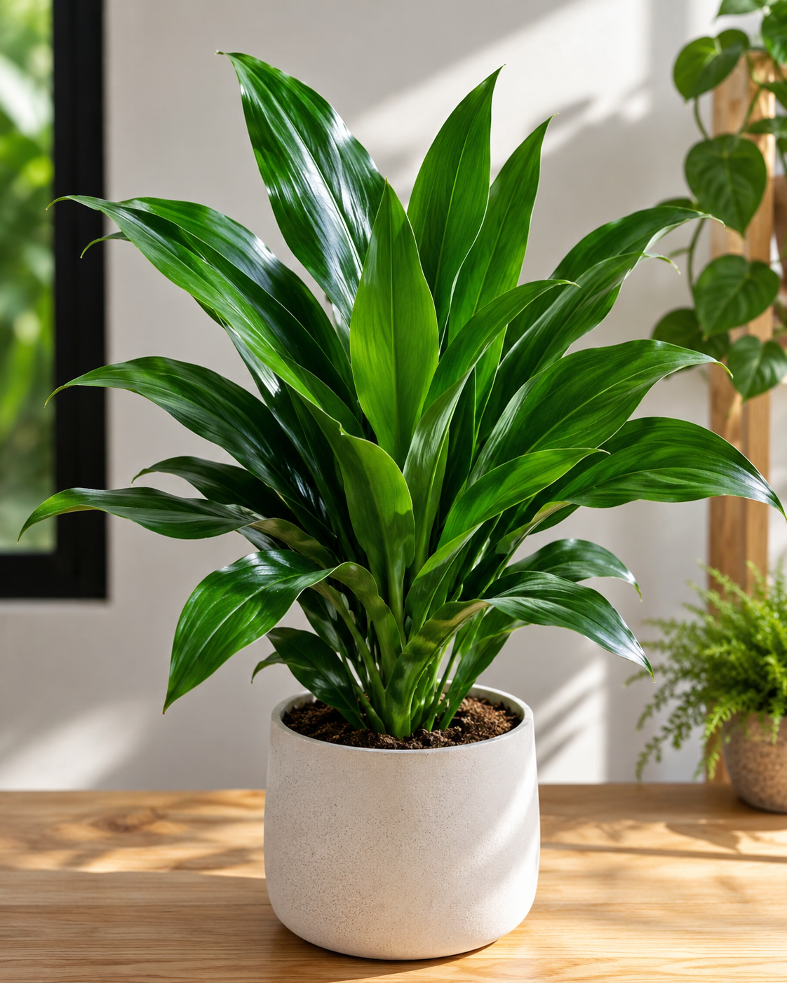 Healthy Dracaena Janet Craig indoor houseplant in a modern white planter, featuring lush dark green foliage in a bright contemporary home, ideal for low-light indoor décor and air purification.