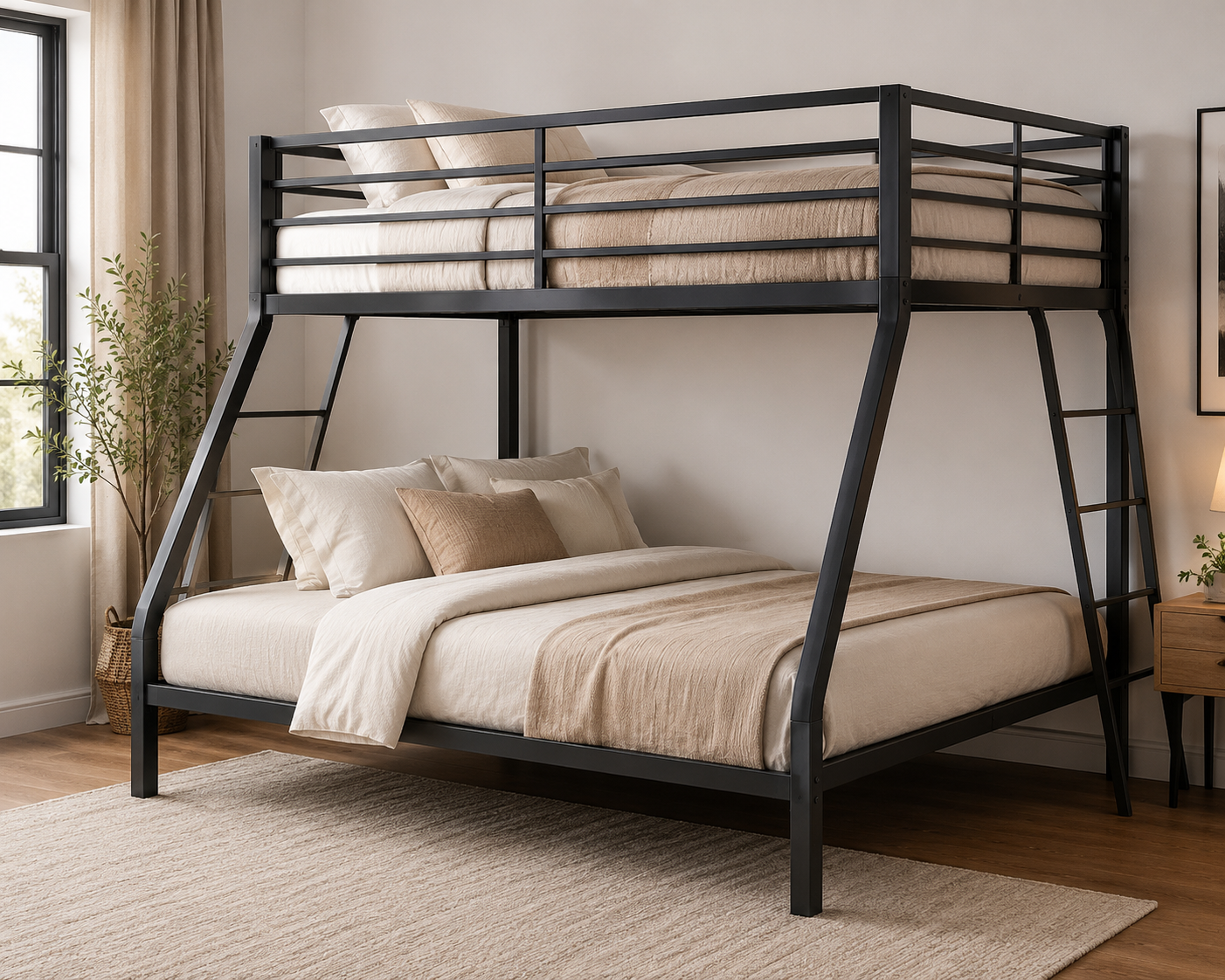 Modern queen over queen bunk bed for adults in a stylish contemporary bedroom with sturdy black metal frame, premium bedding, space-saving design, and elegant minimalist interior décor.