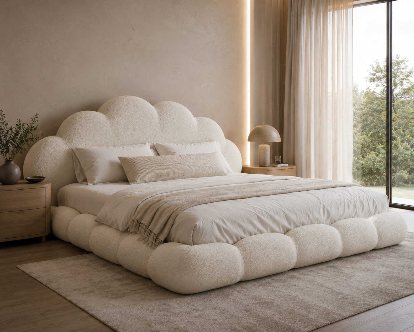 Cloud bed frame in a modern luxury bedroom featuring a plush upholstered platform bed, neutral decor, soft natural lighting, and contemporary minimalist interior design.