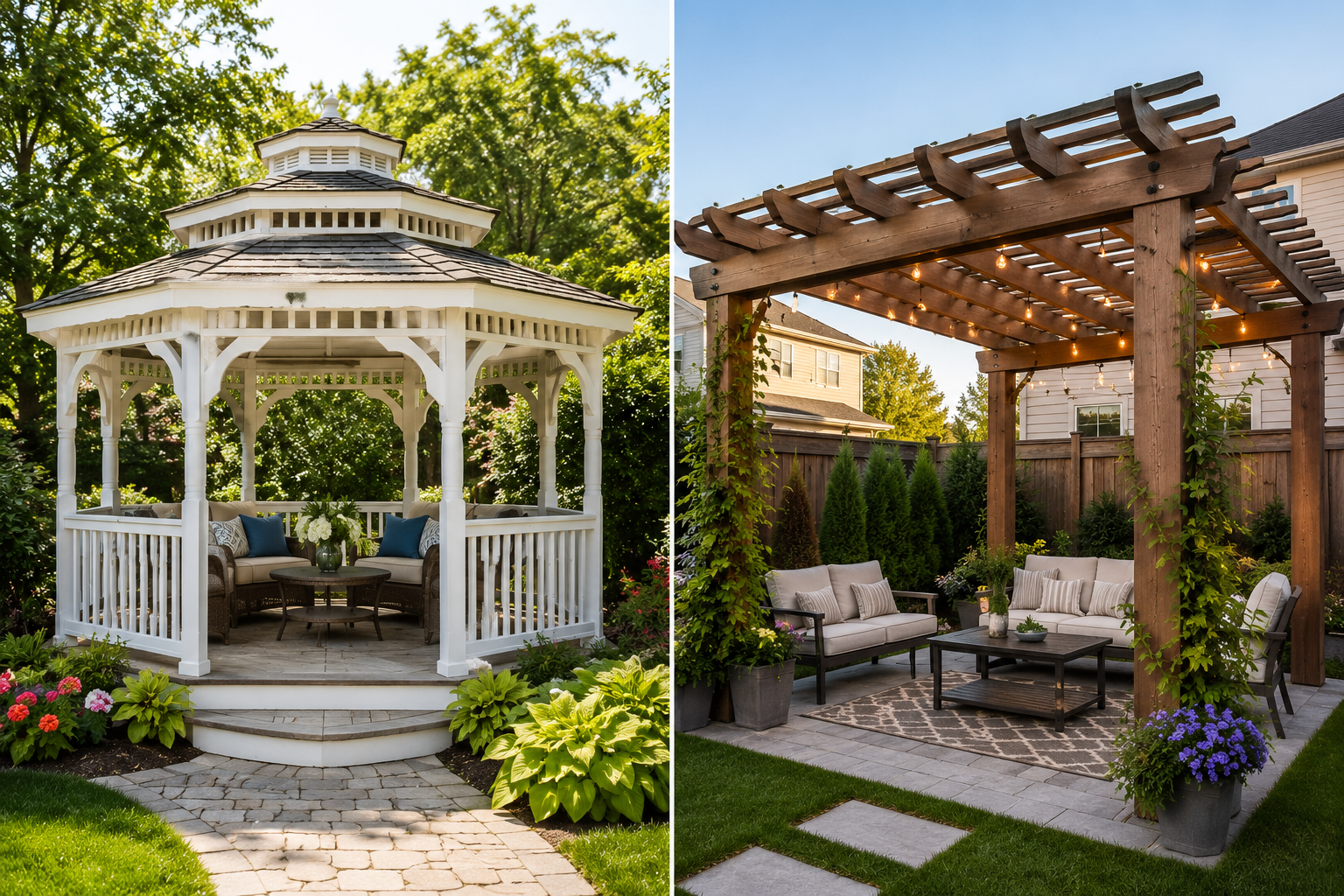 "Beautiful backyard featuring a classic white gazebo and a modern wooden pergola, showcasing two popular outdoor living structures surrounded by landscaped gardens and comfortable patio furniture."