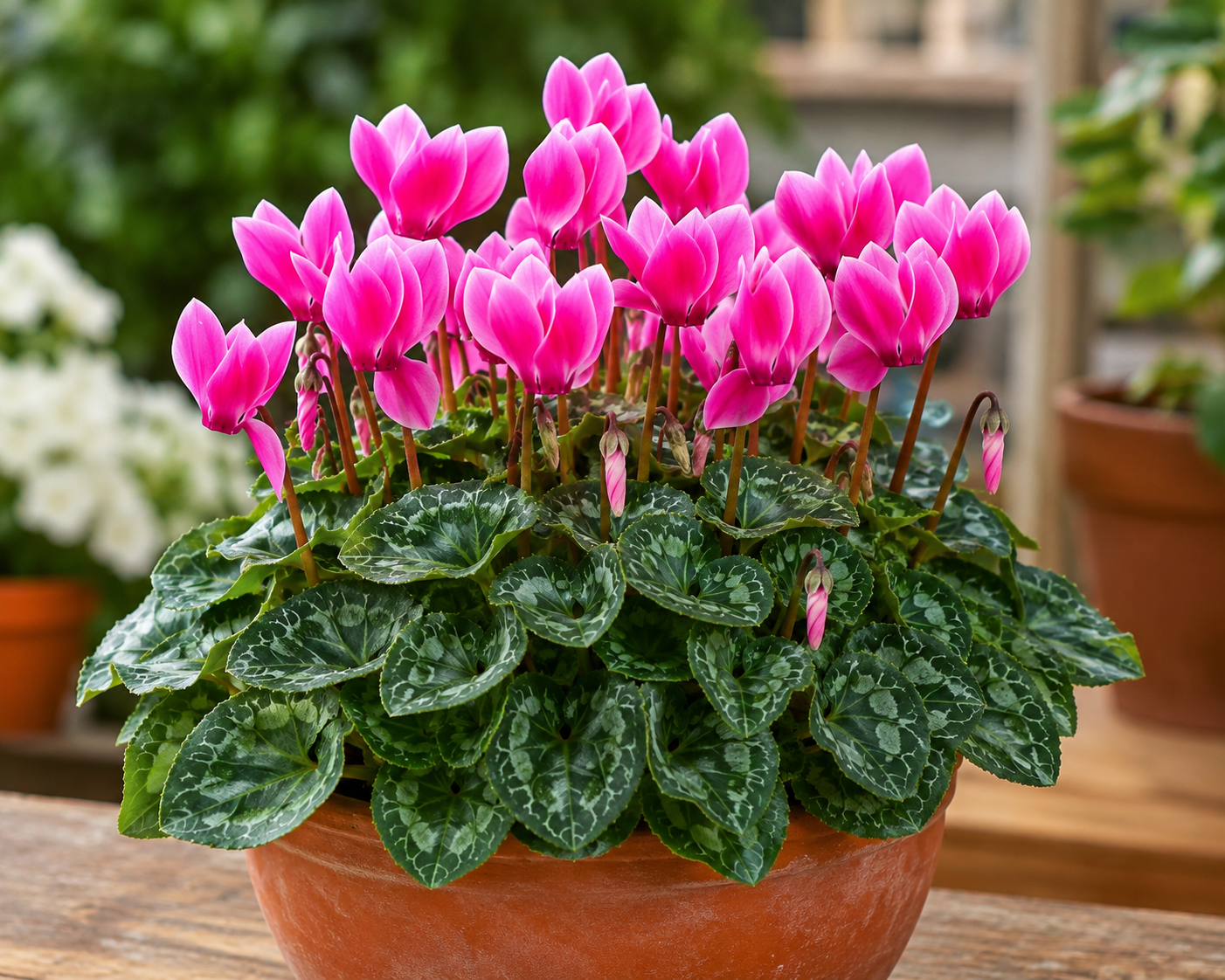 "Close-up of a vibrant pink cyclamen plant with heart-shaped variegated green leaves blooming in a terracotta pot, ideal for indoor décor and shaded gardens."