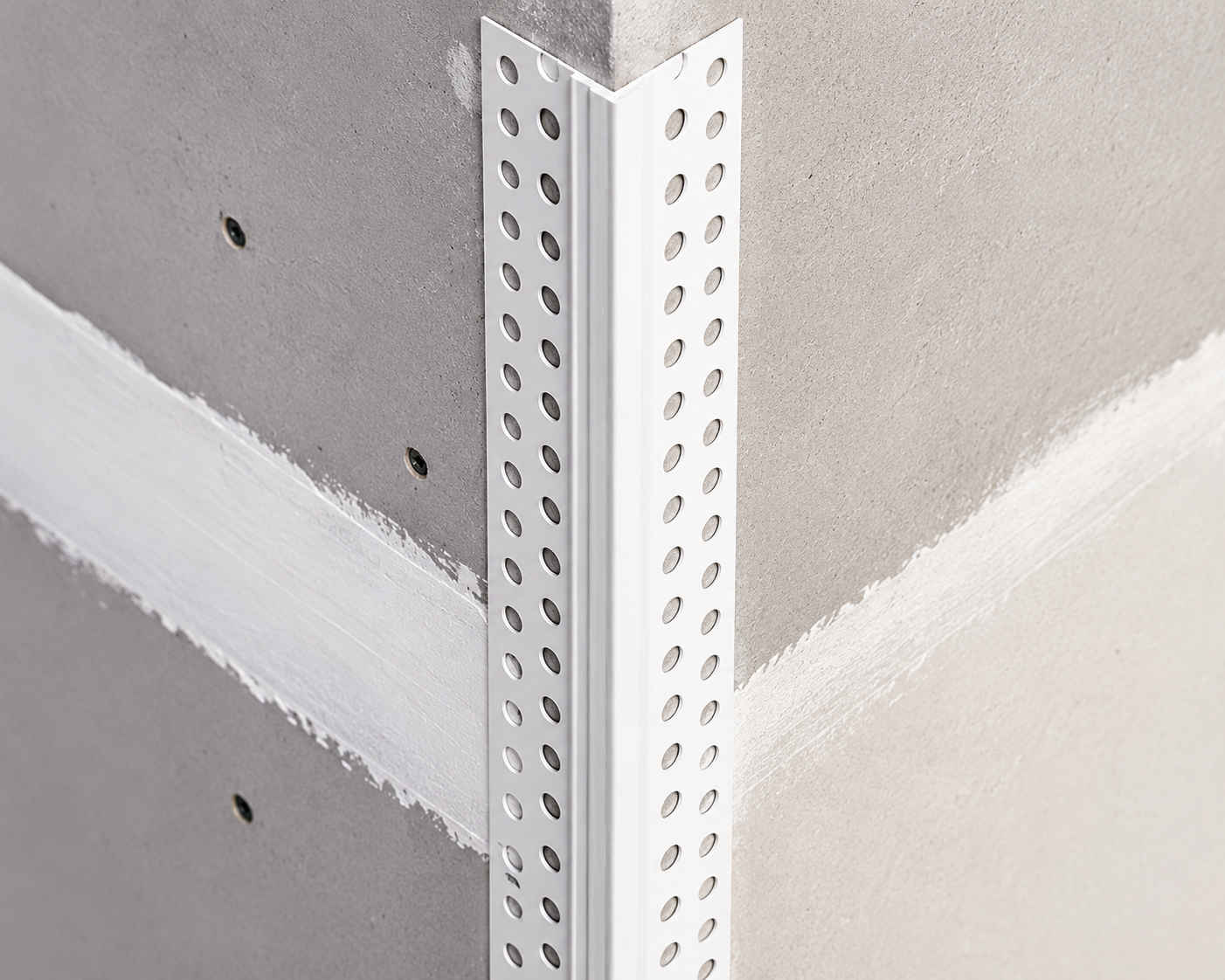 Close-up of a drywall corner bead installed on a gypsum board wall, showing a clean, reinforced outside corner for smooth finishing during drywall installation and home renovation.