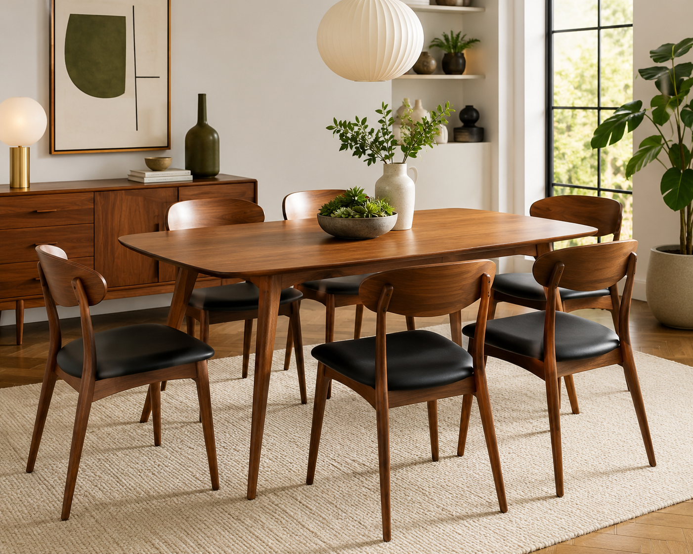 Mid-century modern dining table with walnut finish and six wooden chairs in a stylish contemporary dining room