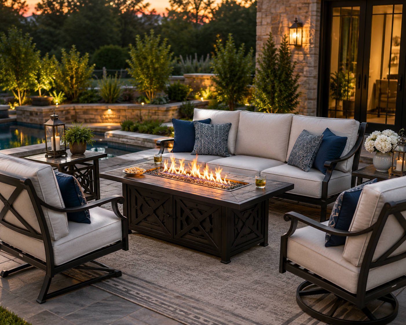 "Modern patio set with fire pit featuring cushioned outdoor sofas and chairs surrounding a gas fire table in a stylish backyard at sunset."