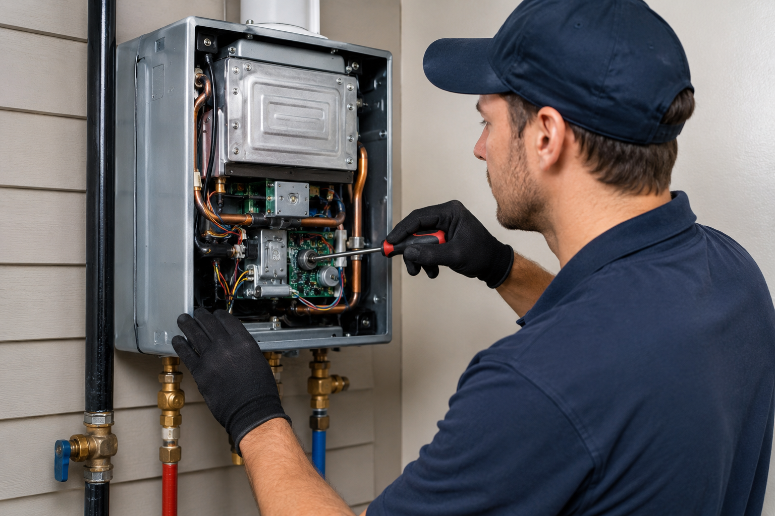 "Professional plumber repairing a wall-mounted tankless water heater with the front panel removed, inspecting internal components and plumbing connections during maintenance service."