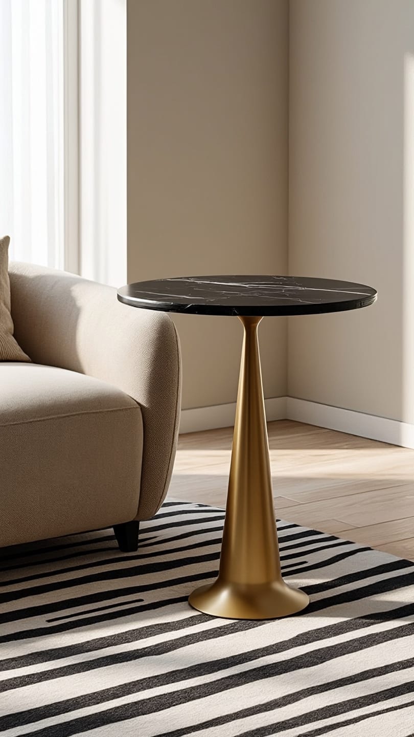 Luxury black marble end table with slim gold pedestal and thin round top in modern living room decor 2026