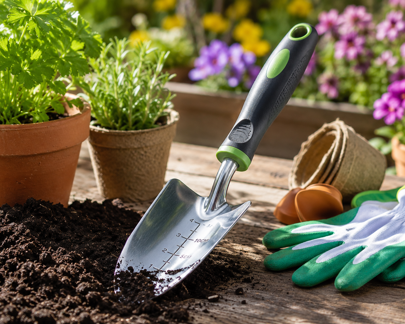 Premium stainless steel garden trowel in a vibrant backyard garden with rich soil, colorful flowers, gardening gloves, and potted herbs, ideal for planting, transplanting, and everyday gardening tasks in 2026.