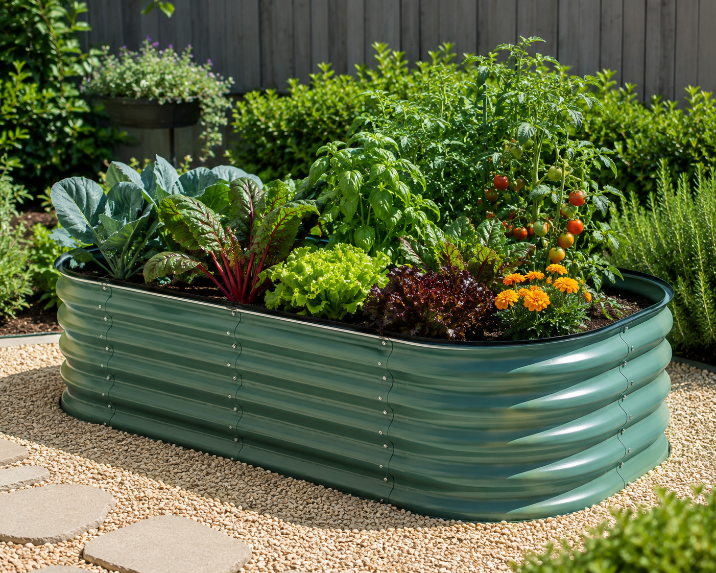 "Vego Garden raised metal garden bed filled with fresh vegetables, herbs, and flowers in a sunny backyard, ideal for organic gardening and outdoor landscaping."