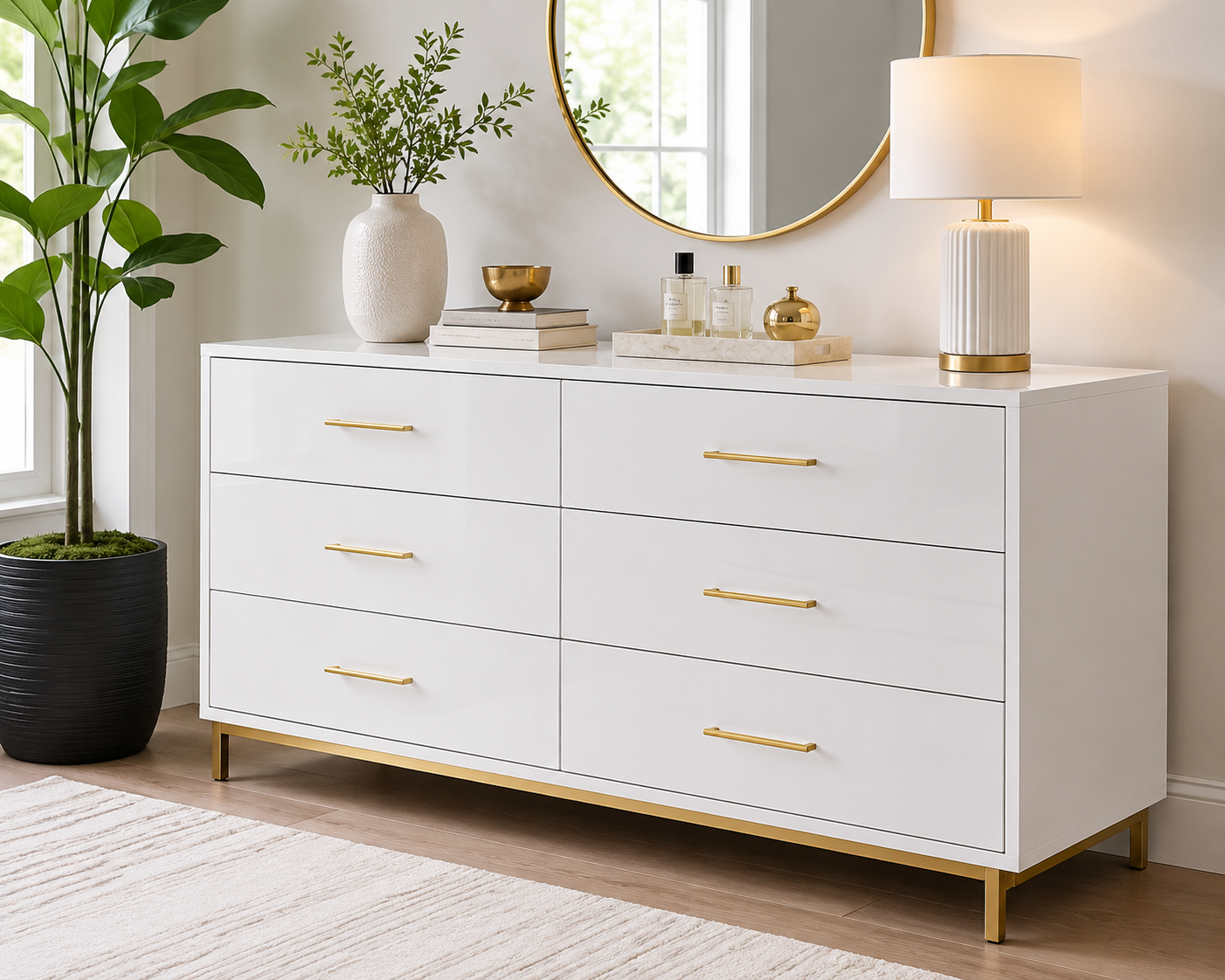 "Modern white dresser with sleek gold handles in a bright contemporary bedroom, styled with elegant décor, a round mirror, indoor plants, and natural light for a clean minimalist look."