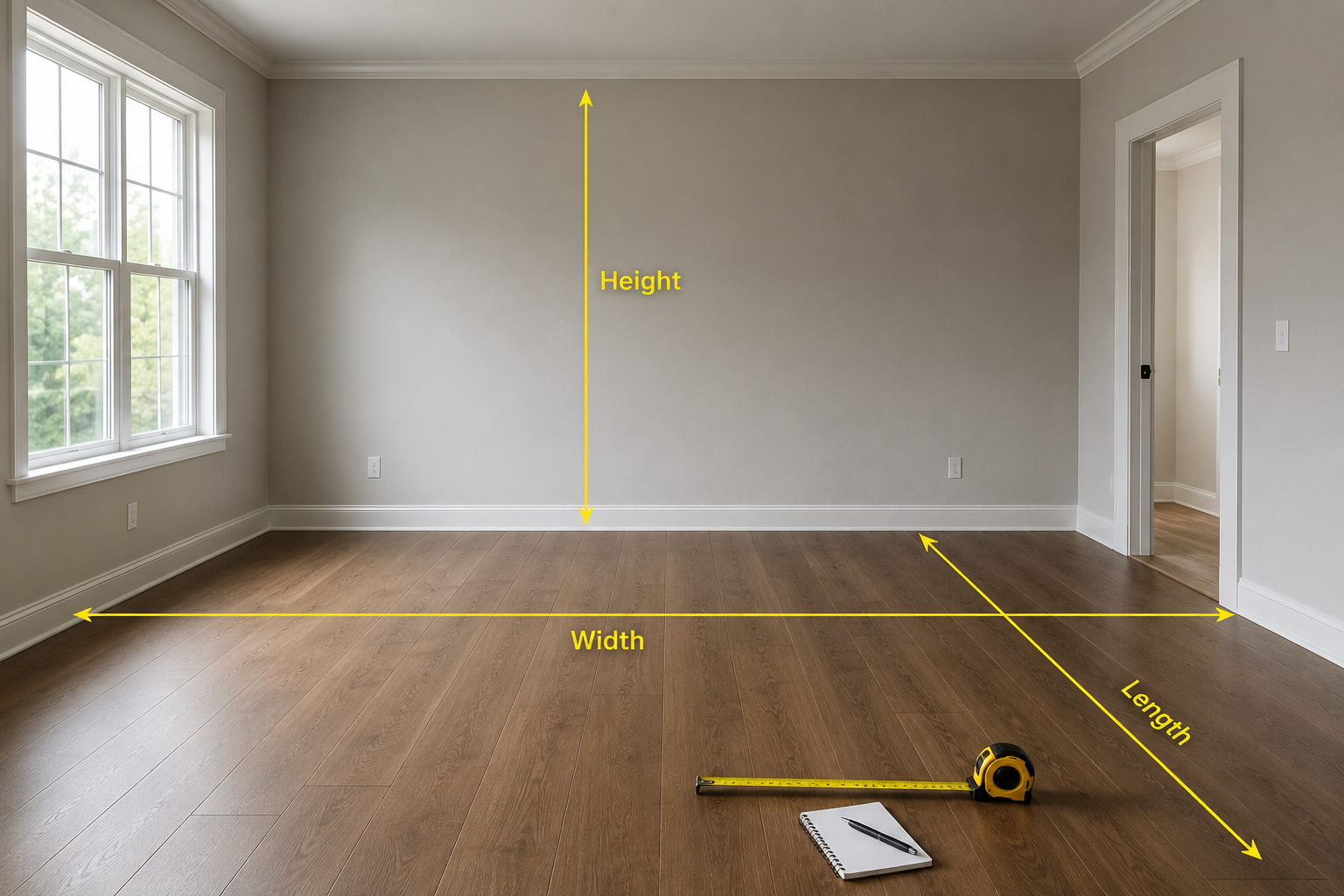 Empty room with tape measure showing how to measure width, length, and height for furniture placement.