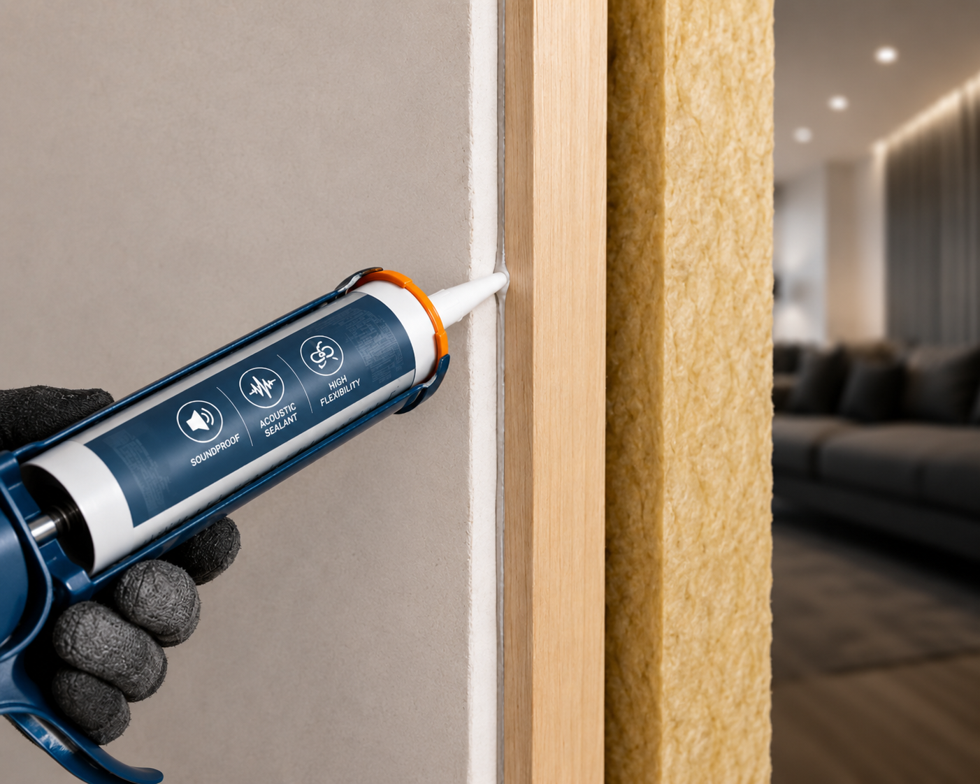"Acoustic caulk for soundproofing applied around a door frame to seal gaps and reduce noise transmission, featuring a flexible acoustic sealant for home and office wall insulation.