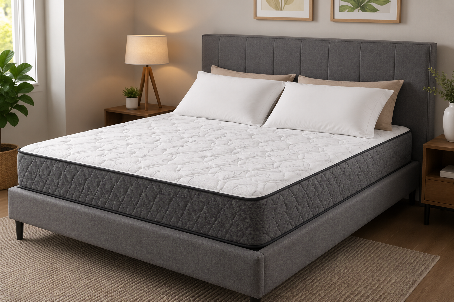 "Sierra Sleep Peak 2.0 Bonnell Mattress displayed on a modern upholstered bed in a stylish bedroom, featuring a quilted comfort surface and supportive innerspring design for restful sleep."
