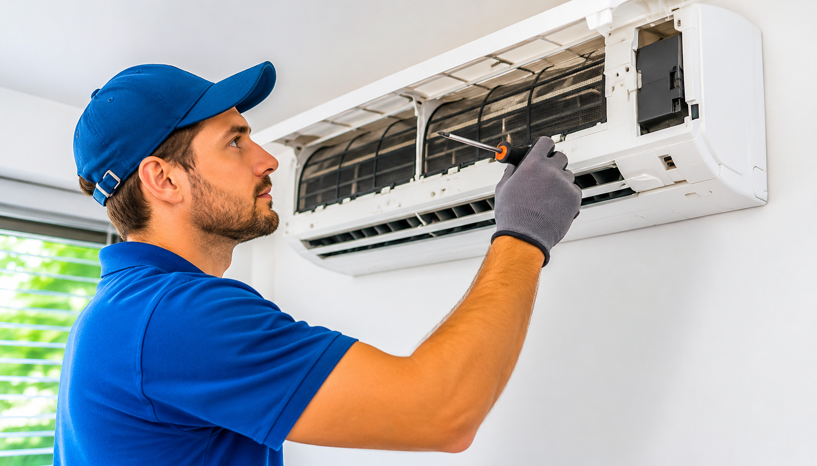 "Professional HVAC technician repairing a wall-mounted split air conditioner with the front panel open in a bright modern home, performing routine AC maintenance and cleaning."