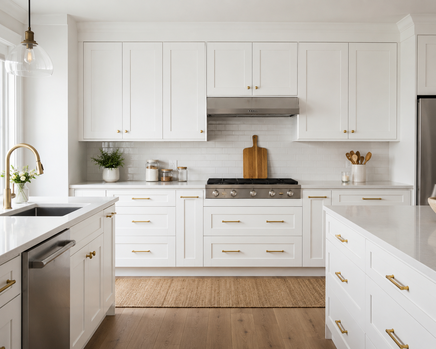 White Shaker cabinets in a bright modern kitchen with brass hardware, subway tile backsplash, stainless steel appliances, and quartz countertops.