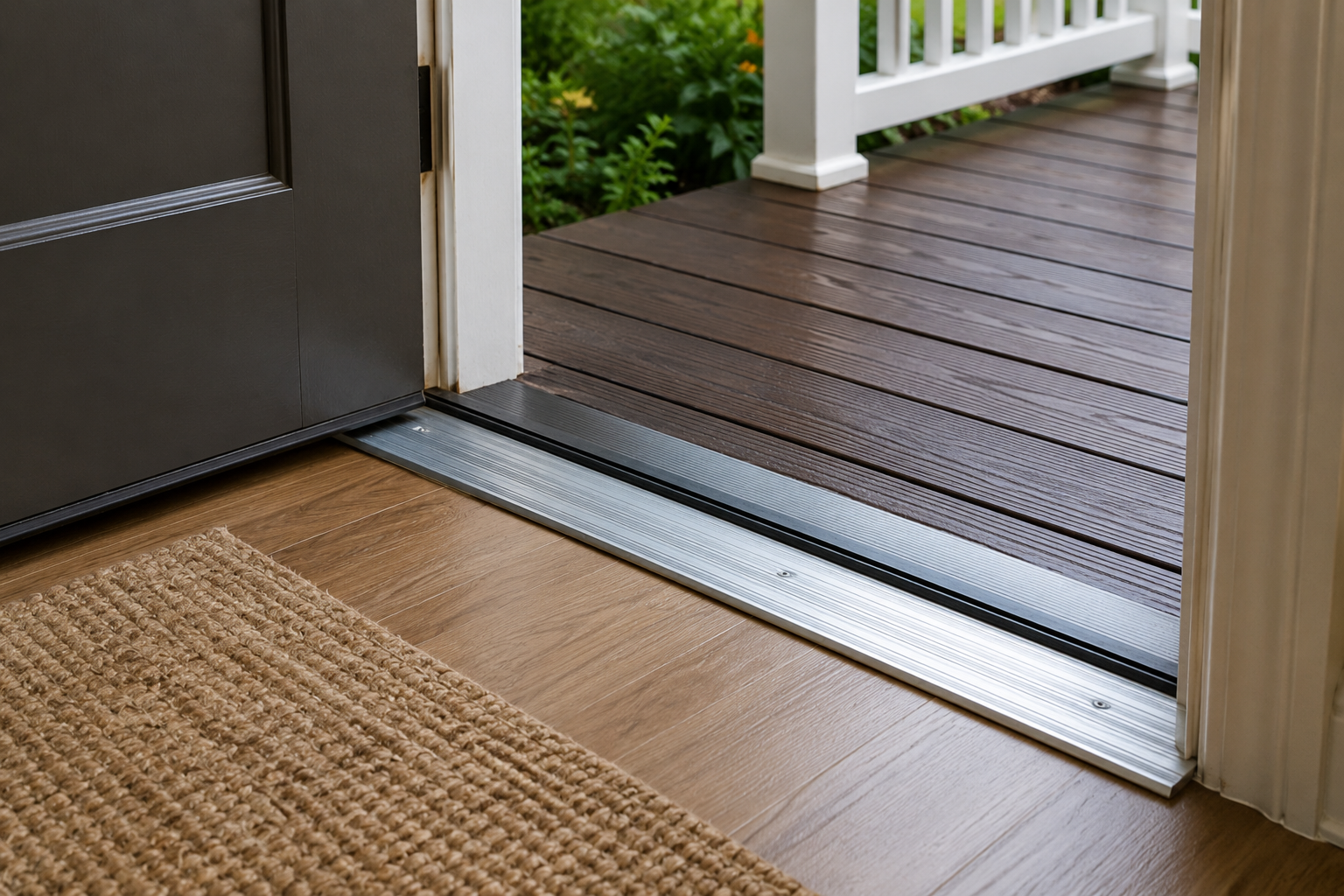 Close-up of a modern aluminium door threshold with a seamless floor transition between indoor hardwood flooring and an outdoor deck, showcasing a durable, weatherproof residential entryway.