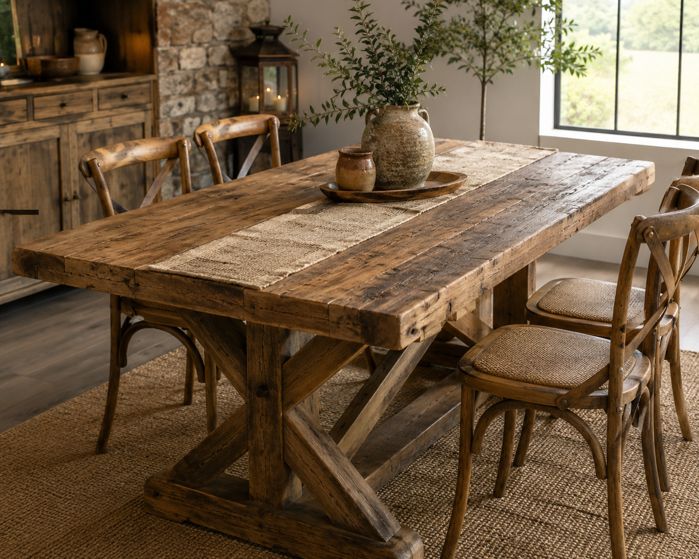Rustic solid wood dining table in a cozy farmhouse dining room with natural wood finish, cross-base design, and warm country-style home décor.