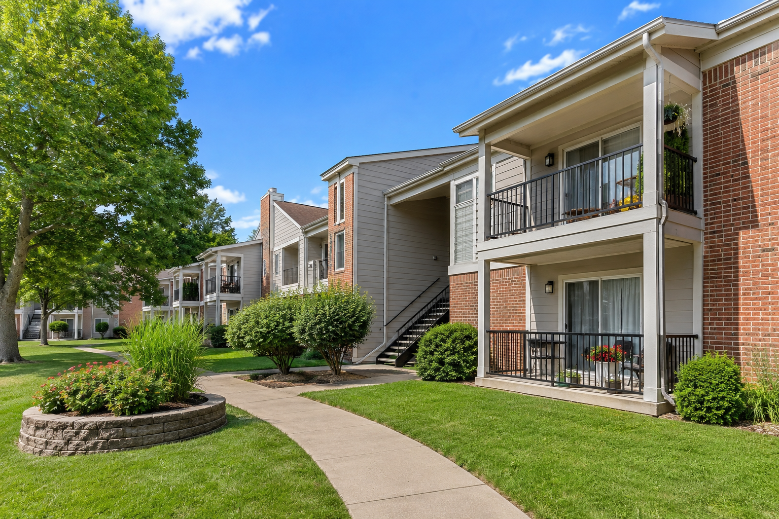 Sherwood Apartments in Topeka, Kansas featuring beautifully landscaped grounds, modern low-rise apartment buildings with private balconies, green lawns, and tree-lined walkways under a bright blue sky, showcasing comfortable suburban apartment living.