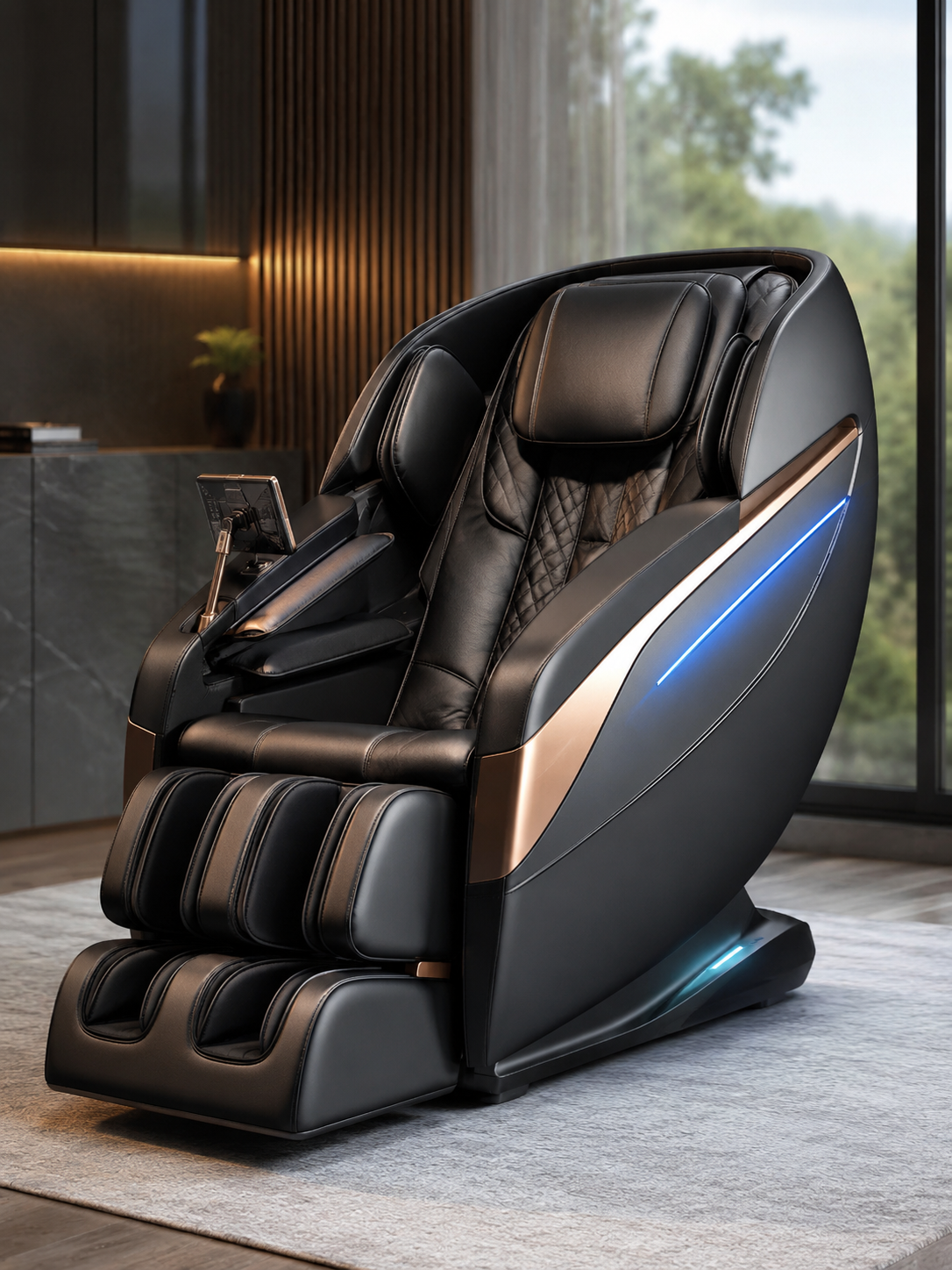 Cyber Relax AI Massage Chair in a modern luxury living room featuring full-body massage technology, zero gravity recline, leg and foot massage, premium black leather upholstery, and smart AI wellness features.