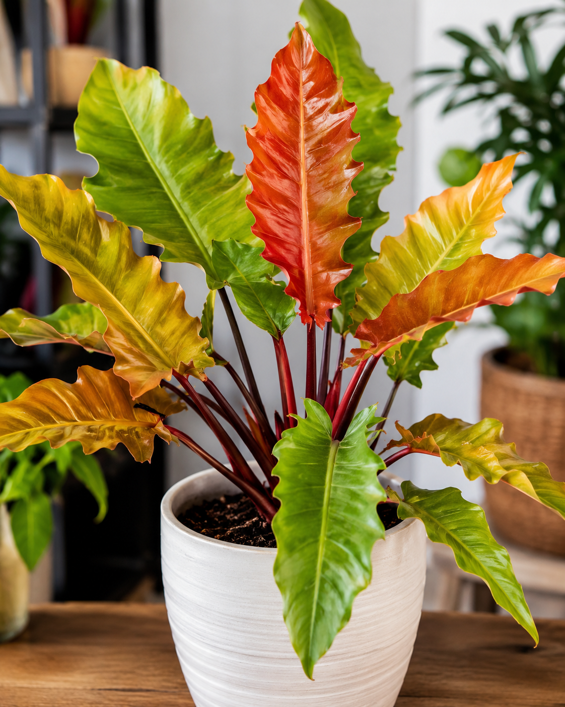 "Ring of Fire Philodendron houseplant with vibrant variegated green, yellow, orange, and red foliage in a modern white pot, displayed indoors with a bright, natural background."