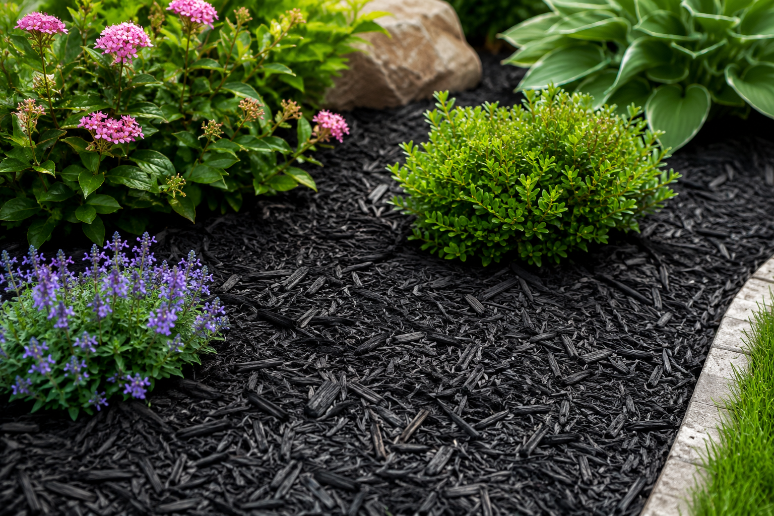 Black mulch garden bed with vibrant flowering plants, green shrubs, and decorative landscape edging in a well-maintained residential garden.