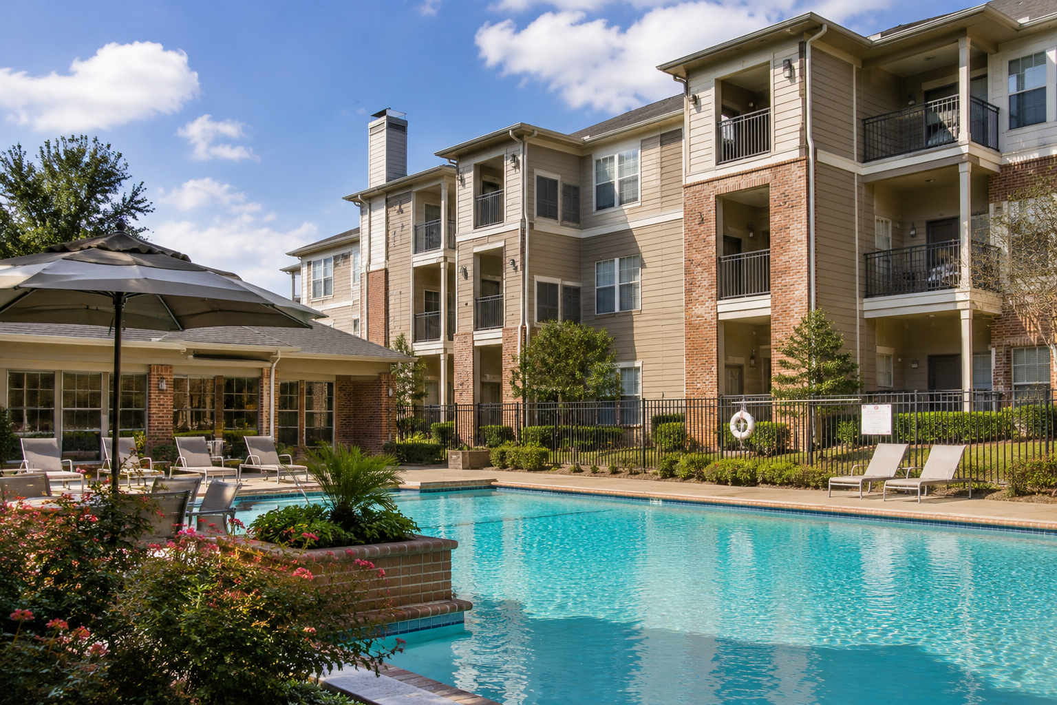 "Modern Devonshire-style apartment community in Baton Rouge featuring luxury rental buildings, a resort-style swimming pool, landscaped courtyard, and outdoor lounge area on a sunny day."