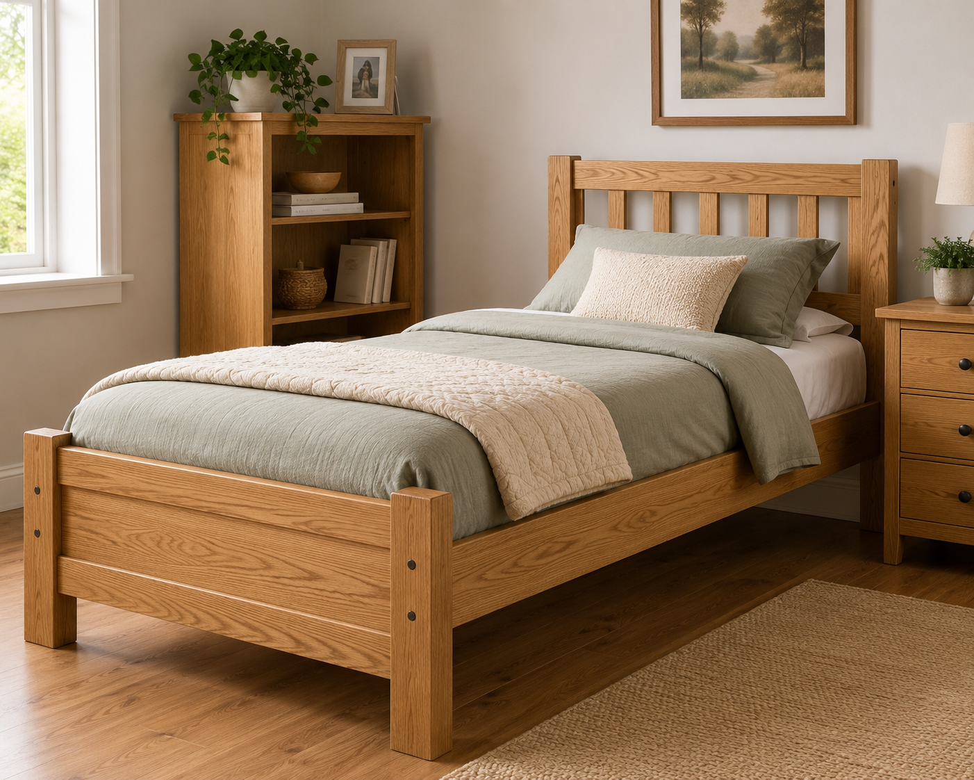 "Solid oak twin beds with natural wood frames in a bright modern bedroom featuring cozy white bedding, minimalist décor, and Scandinavian-inspired farmhouse design."