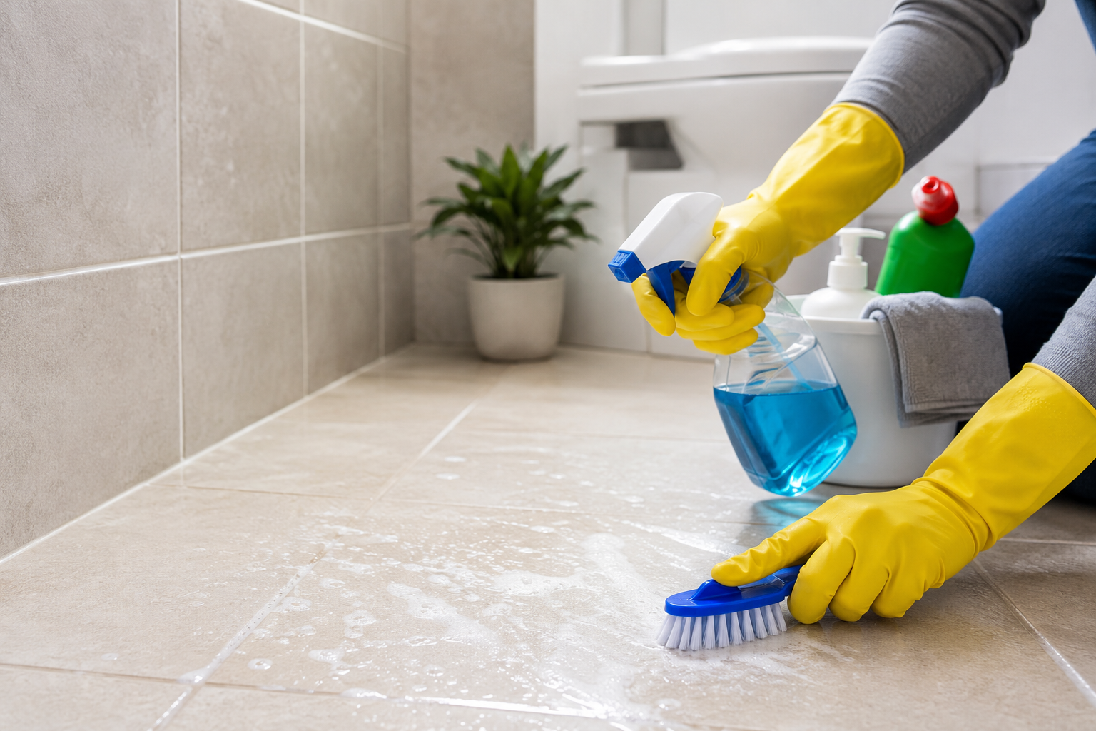 "Person cleaning beige bathroom floor tiles with a scrub brush and spray cleaner in a modern bathroom, demonstrating an effective bathroom tile cleaning method for removing dirt, soap scum, and stains."