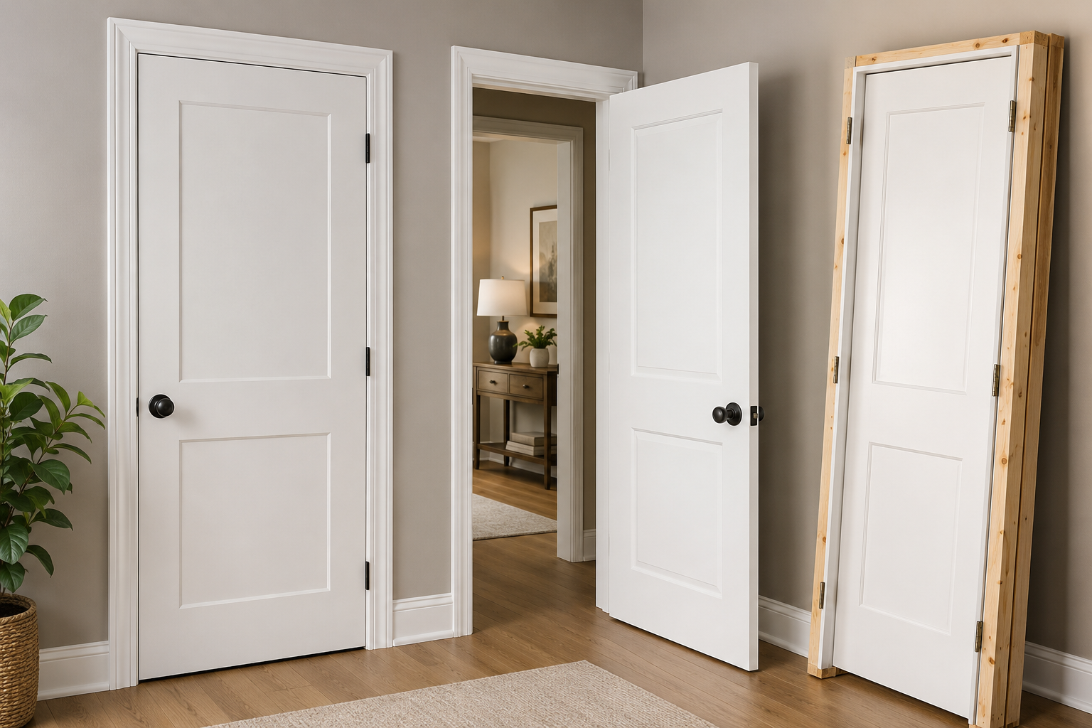 "Modern prehung interior doors with white panel design and installed door frames in a contemporary home hallway, ideal for residential renovation and interior remodeling."