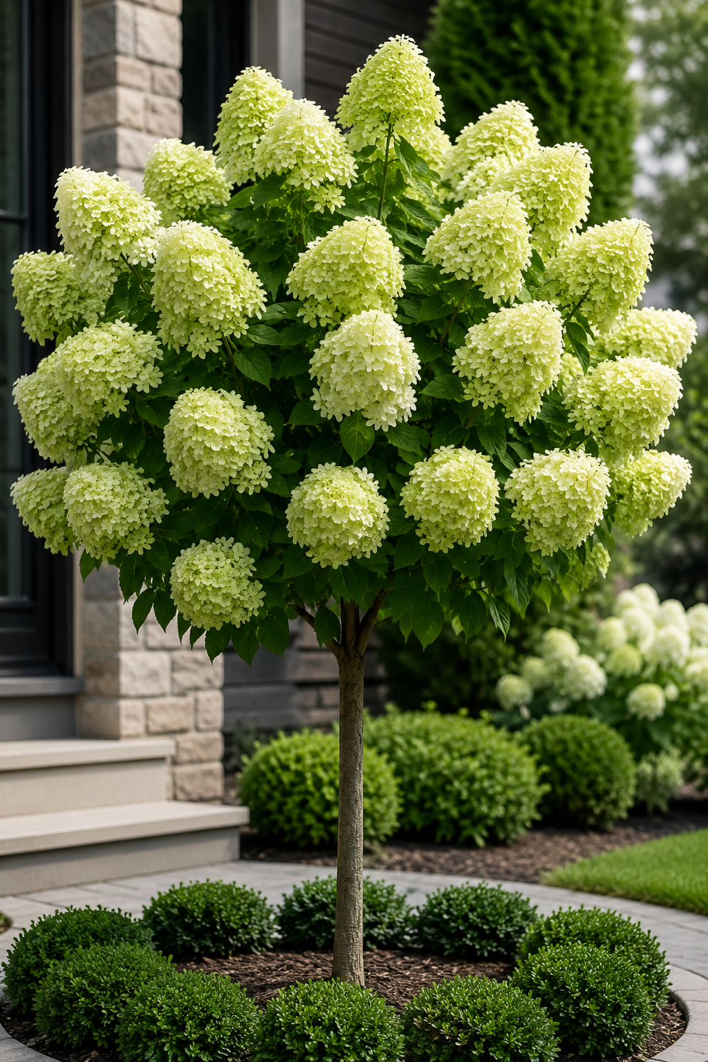"Limelight hydrangea tree with lush lime-green to creamy white cone-shaped blooms growing in a beautifully landscaped front yard garden on a sunny day."