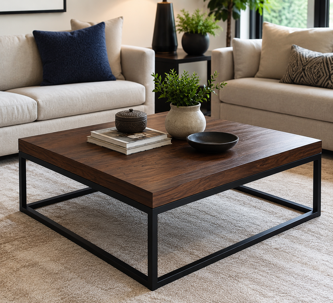 Modern square coffee table in a stylish living room with contemporary décor, neutral sofas, decorative plants, and a minimalist interior design perfect for modern homes.