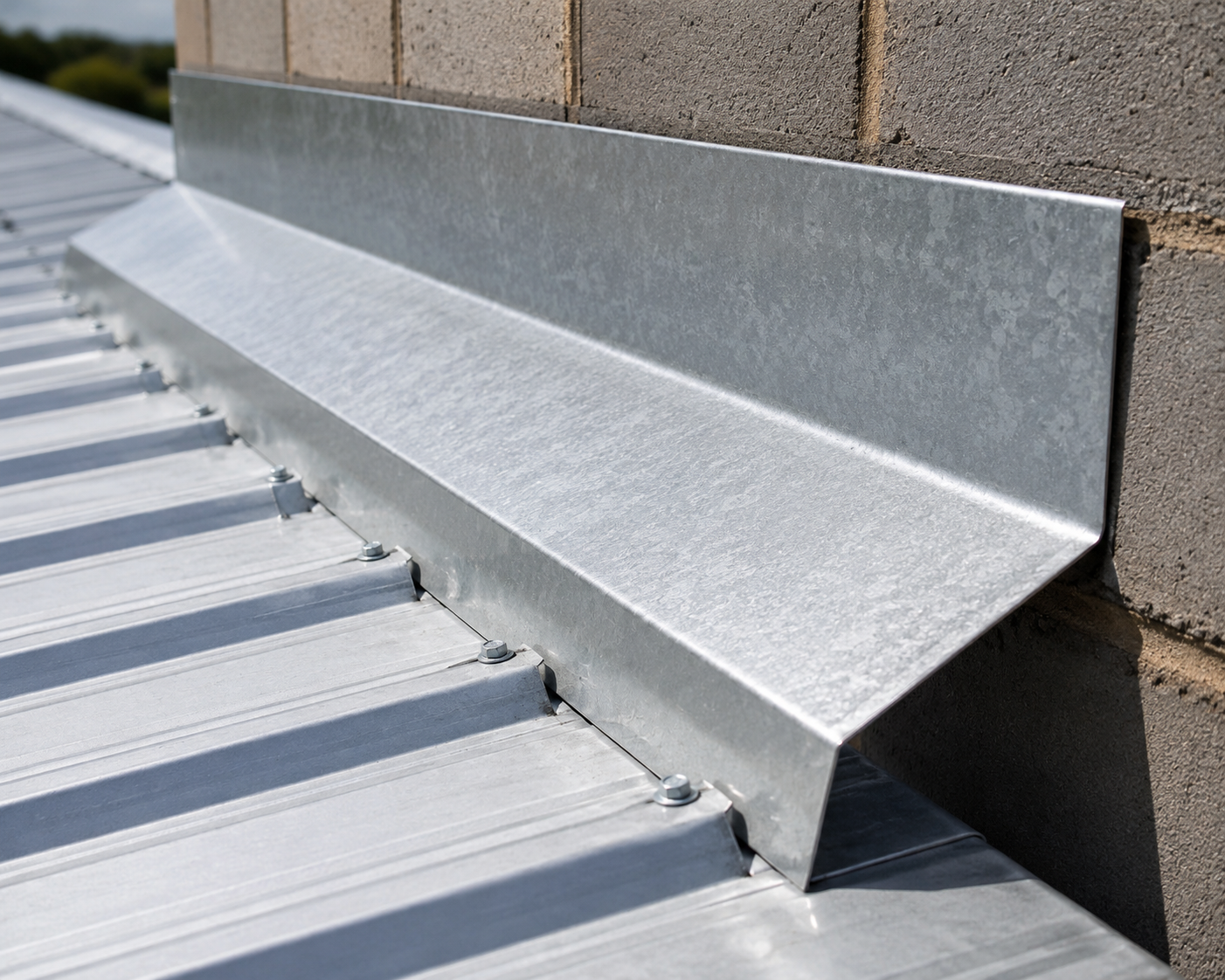 "Close-up of galvanized iron (GI) flashing professionally installed along a metal roof and masonry wall to provide weatherproofing and prevent water leaks in a residential roofing system."