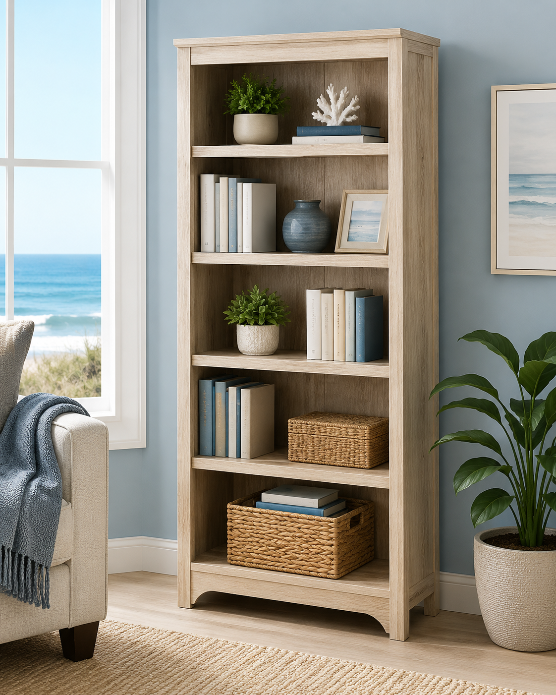 Beachcrest Home Sandstrom Bookcase in a bright coastal-style living room featuring natural wood shelves, decorative baskets, books, indoor plants, and modern farmhouse home décor, ideal for stylish storage and organization.