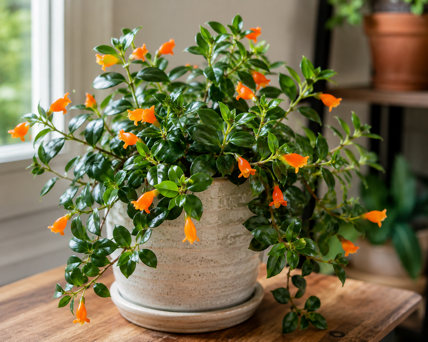 "Healthy goldfish plant (Nematanthus) with vibrant orange fish-shaped flowers and glossy green trailing foliage in a decorative indoor pot, displayed in bright natural light."