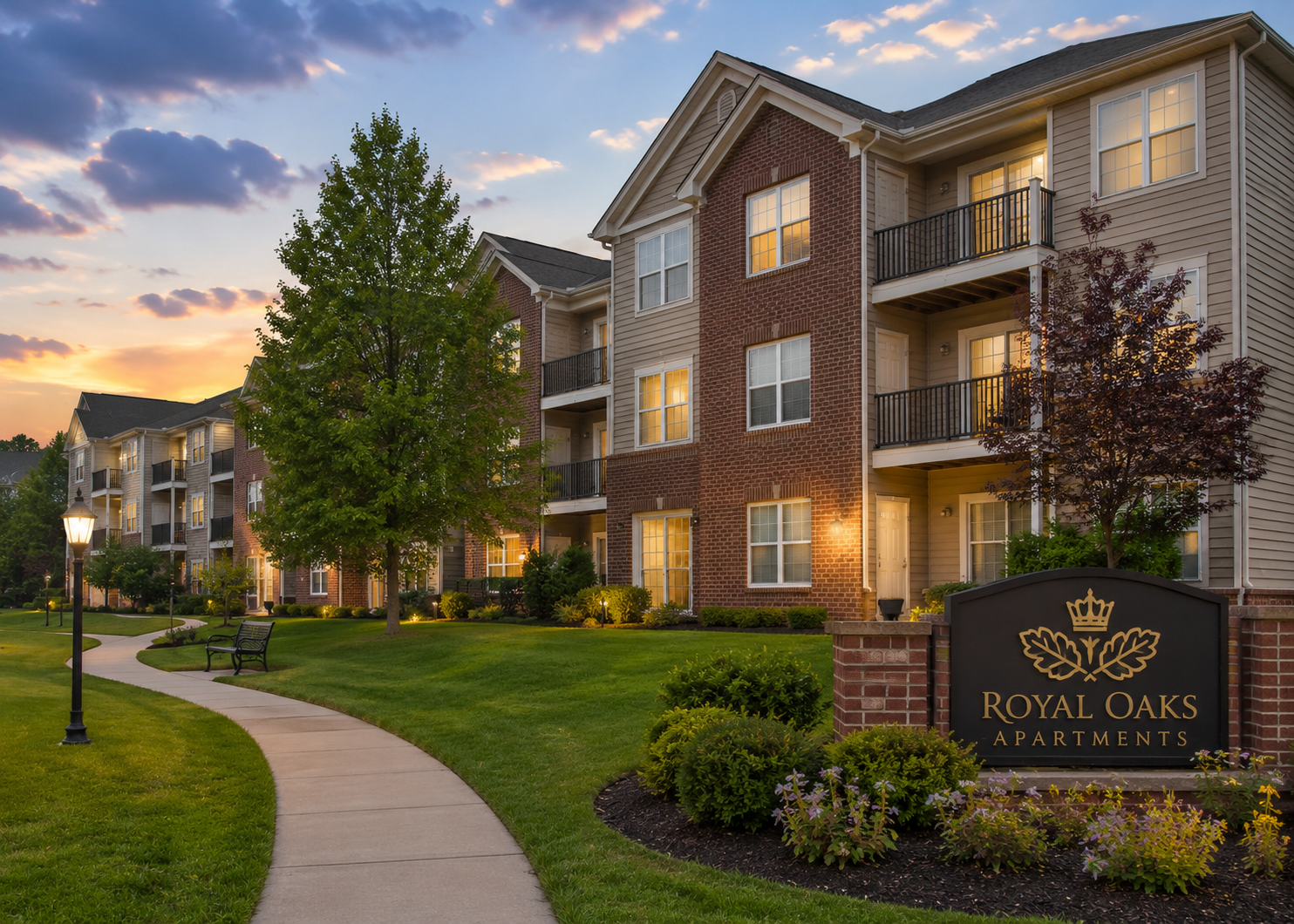 Royal Oaks Apartments in North Royalton, OH featuring modern apartment buildings, landscaped gardens, walking paths, balconies, and a welcoming community exterior for apartment renters seeking comfortable suburban living.
