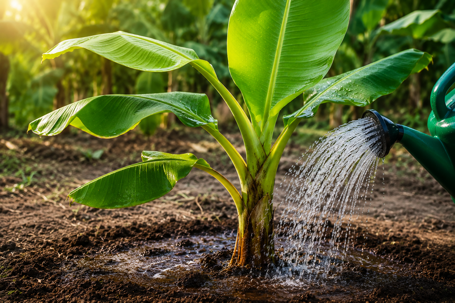 **"Young banana plant being watered with a green watering can in a sunny tropical garden, demonstrating proper watering techniques for healthy banana plant growth."**