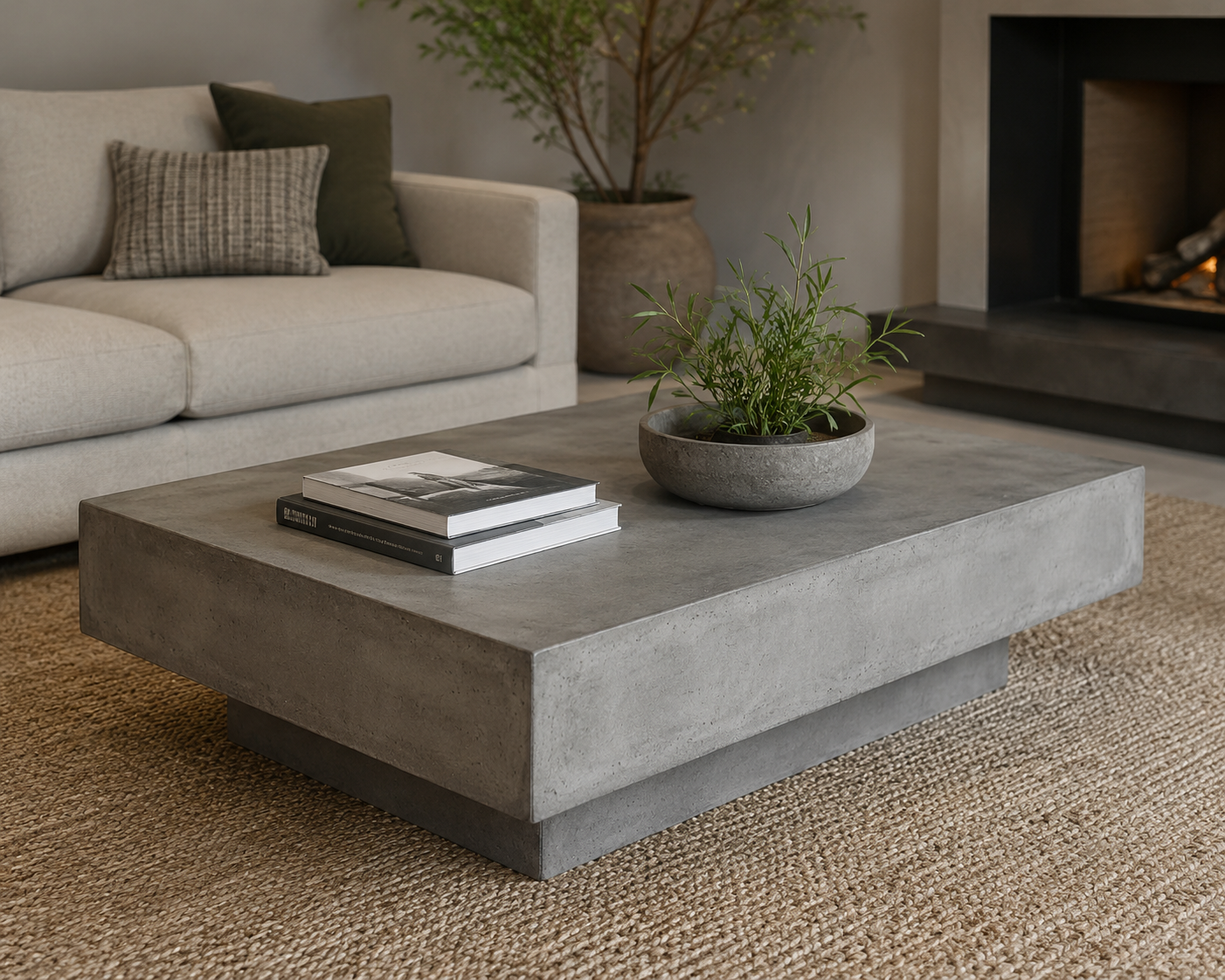 "Modern concrete coffee table in a stylish minimalist living room with neutral décor, textured rug, sofa, indoor plants, and contemporary home design."