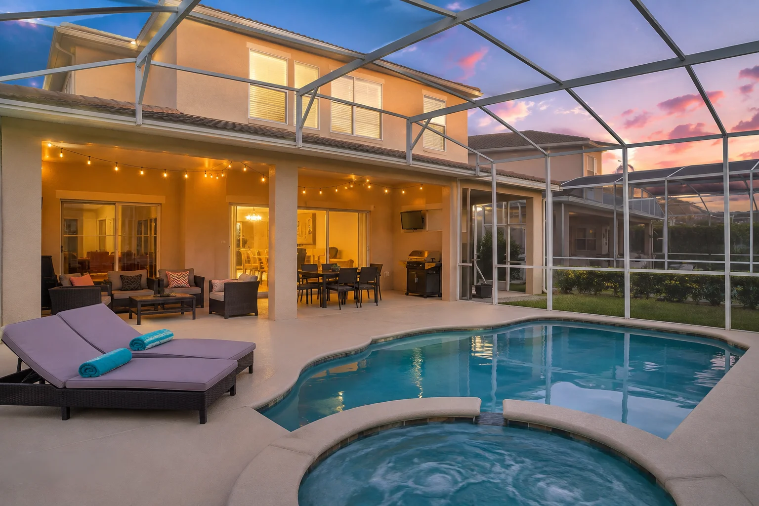Luxury vacation rental home near Disney Springs featuring a private swimming pool, spa, screened patio, and modern outdoor living space in Orlando, Florida.