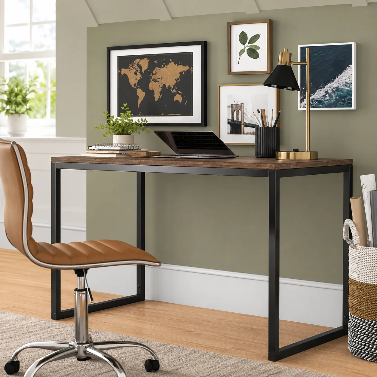 Ebern Designs Santrell Writing Desk in a modern home office with walnut tabletop and black metal legs