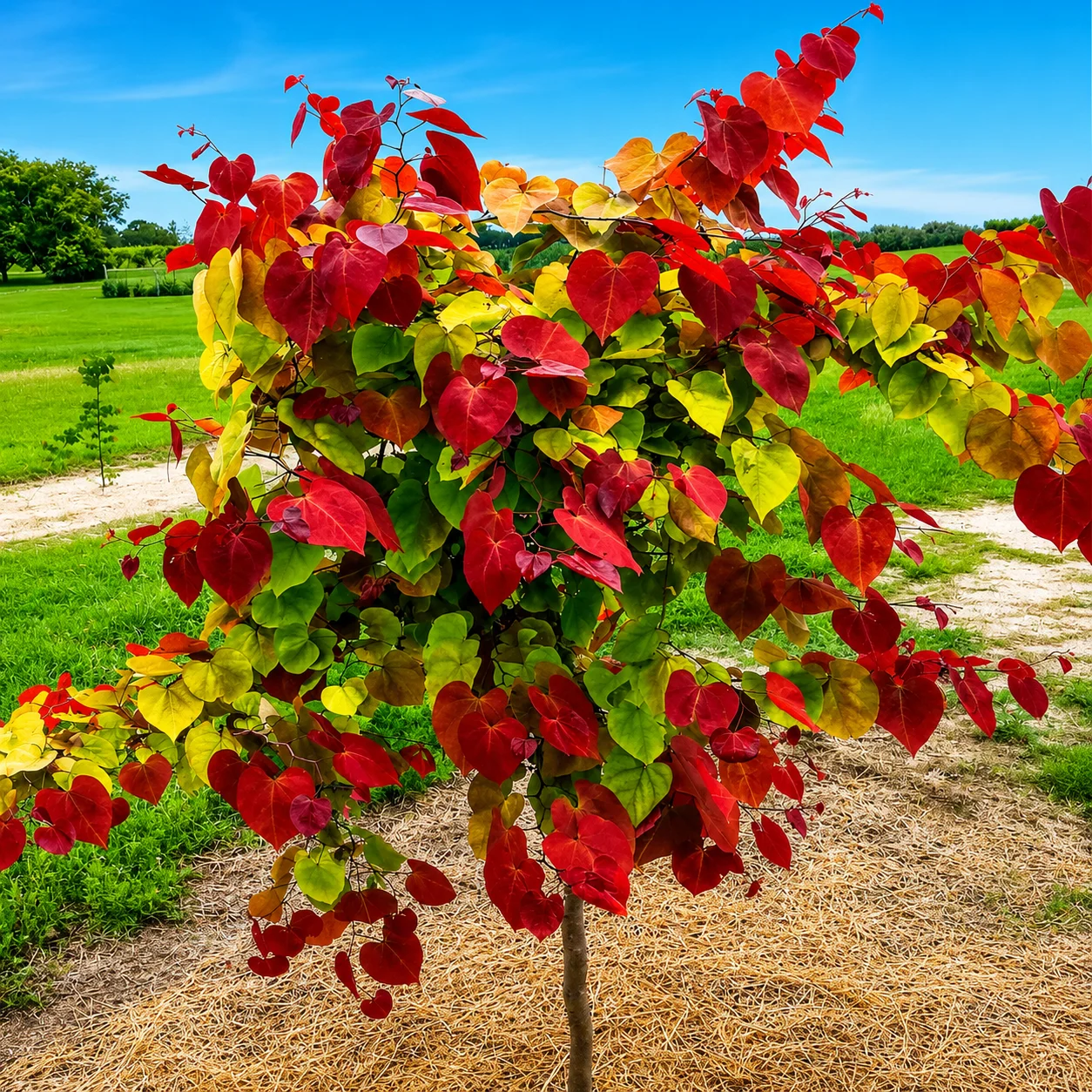 Flame Thrower Redbud tree displaying vibrant heart-shaped leaves in shades of red, orange, yellow, and green in a sunny garden landscape.