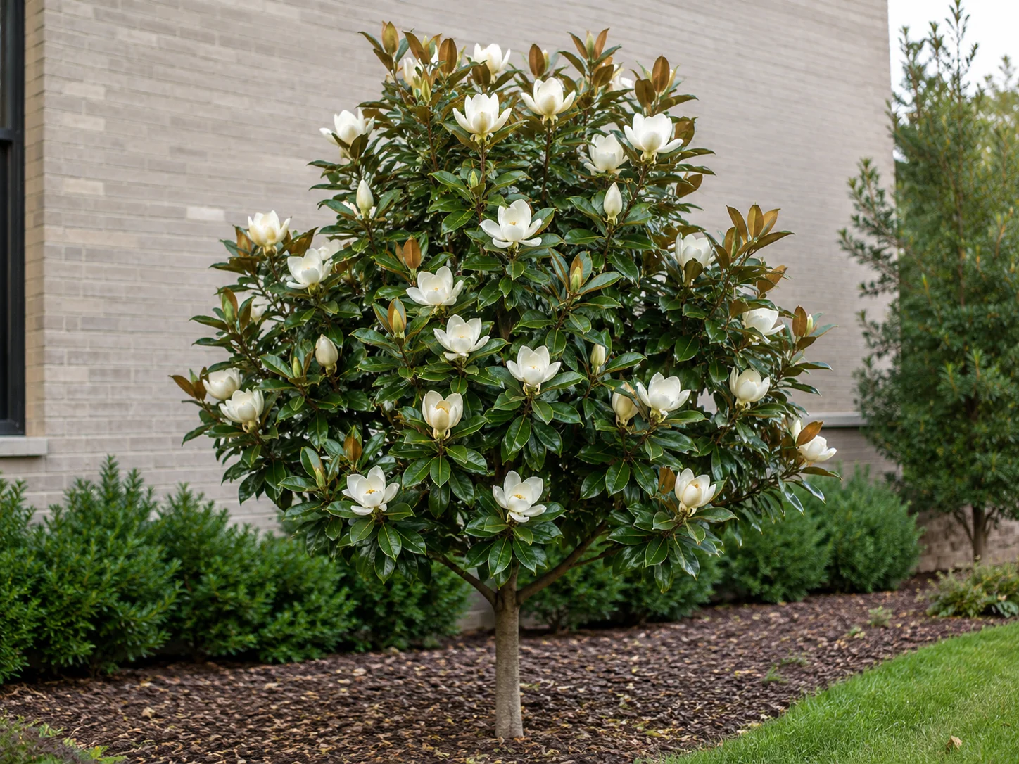 Little Gem Magnolia tree with glossy green leaves and white flowers in a landscaped garden