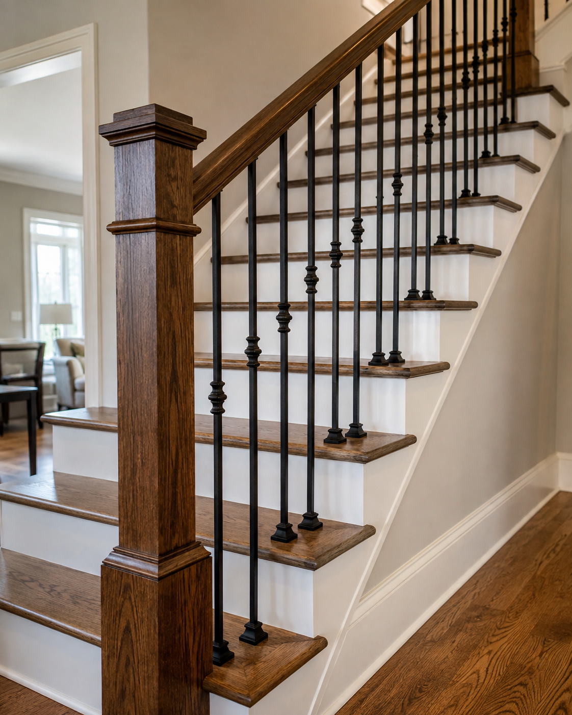 Modern wooden stair banister with black metal balusters in a bright contemporary home interior featuring elegant staircase design.