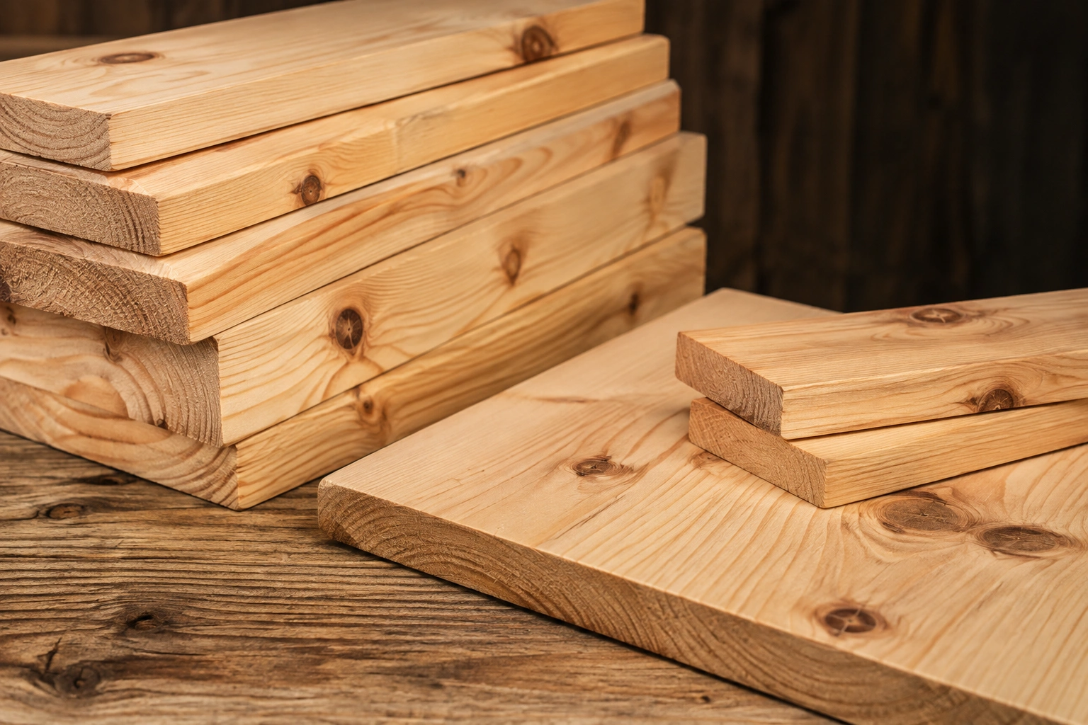 Close-up of natural knotty pine wood boards showcasing distinctive knots, warm grain patterns, and smooth lumber surfaces.