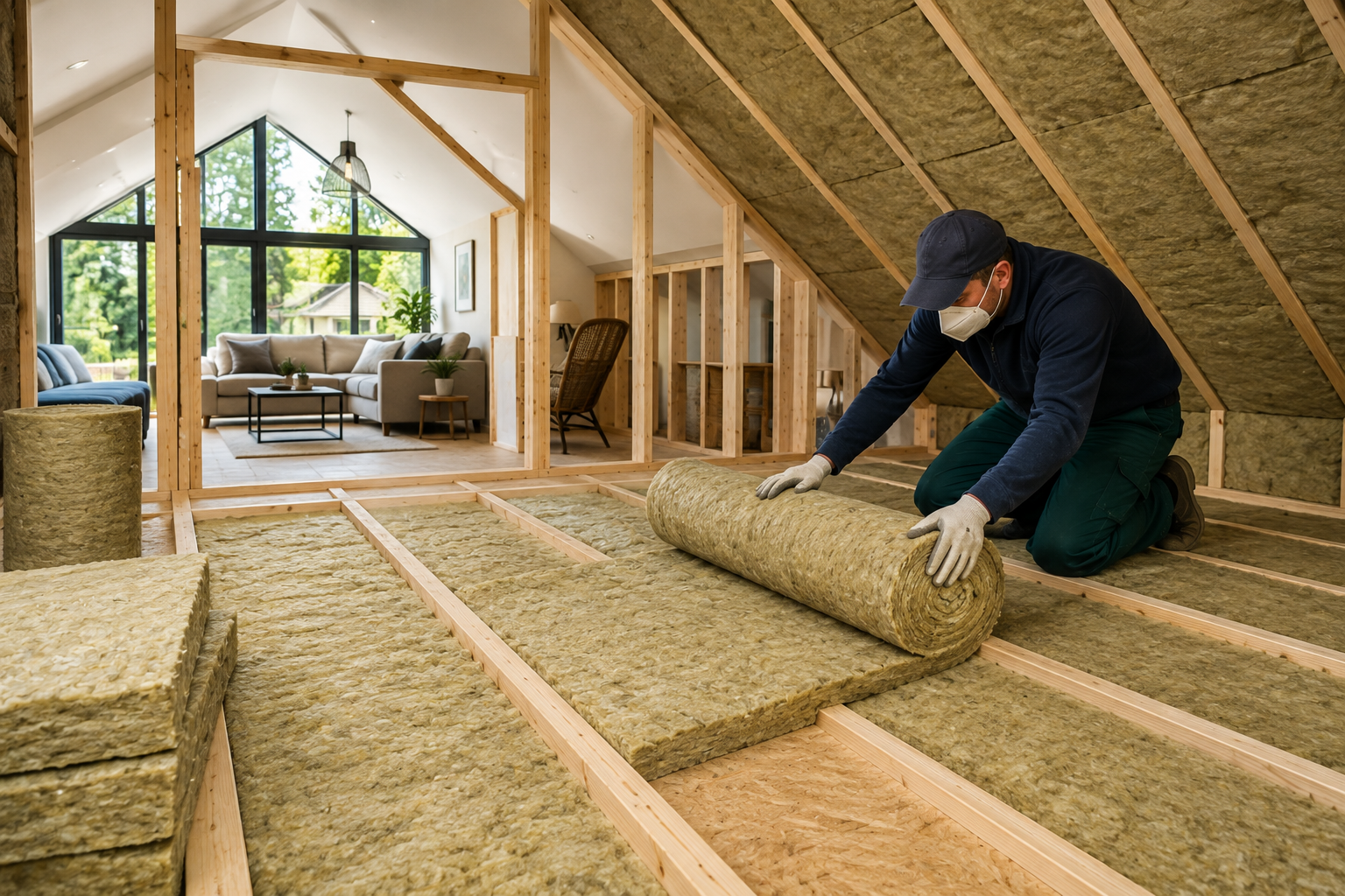Mineral wool insulation being installed in a modern home's attic during construction, showcasing energy-efficient thermal and soundproof insulation between wooden framing in a bright residential interior.